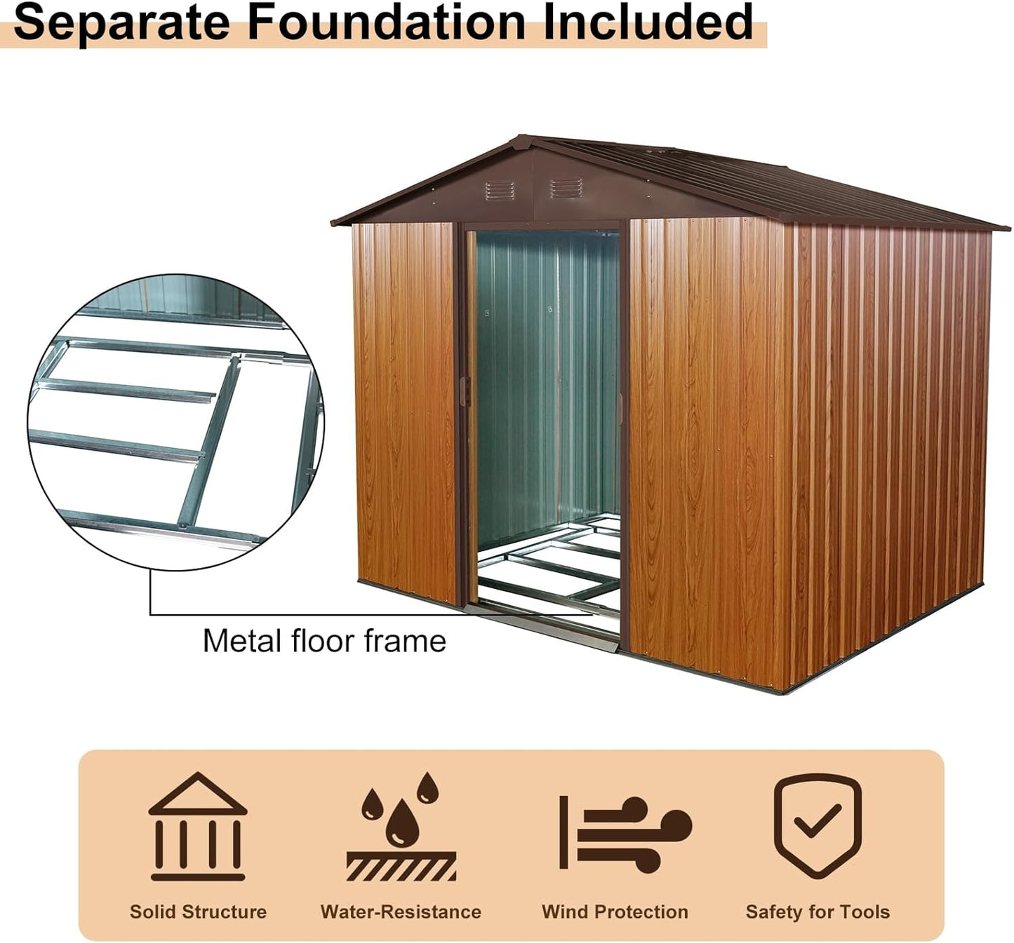 6x8 FT Outdoor Storage Shed, Metal Garden Shed with Frame Floor, Outside Tool Shed with Lockable Sliding Doors, Waterproof Storage Building with Sloped Roof for Backyard, Patio, Lawn, Coffee