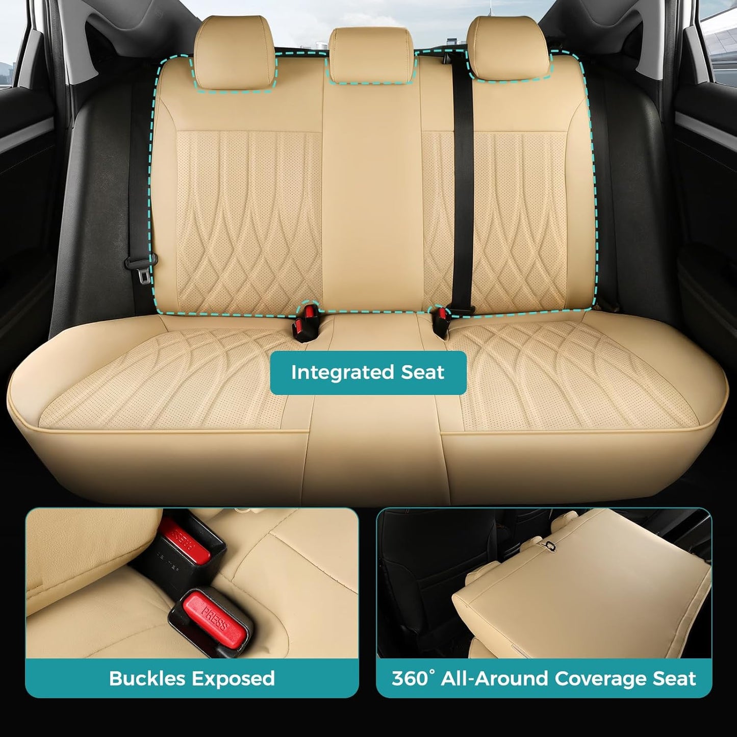 Seat Covers for Honda Civic Sedan 4DR Sedan LX 2022 2023 2024 2025, Leather Car Seats Cover Full Set,(Rear Row Solid Folding Backrest)-Beige