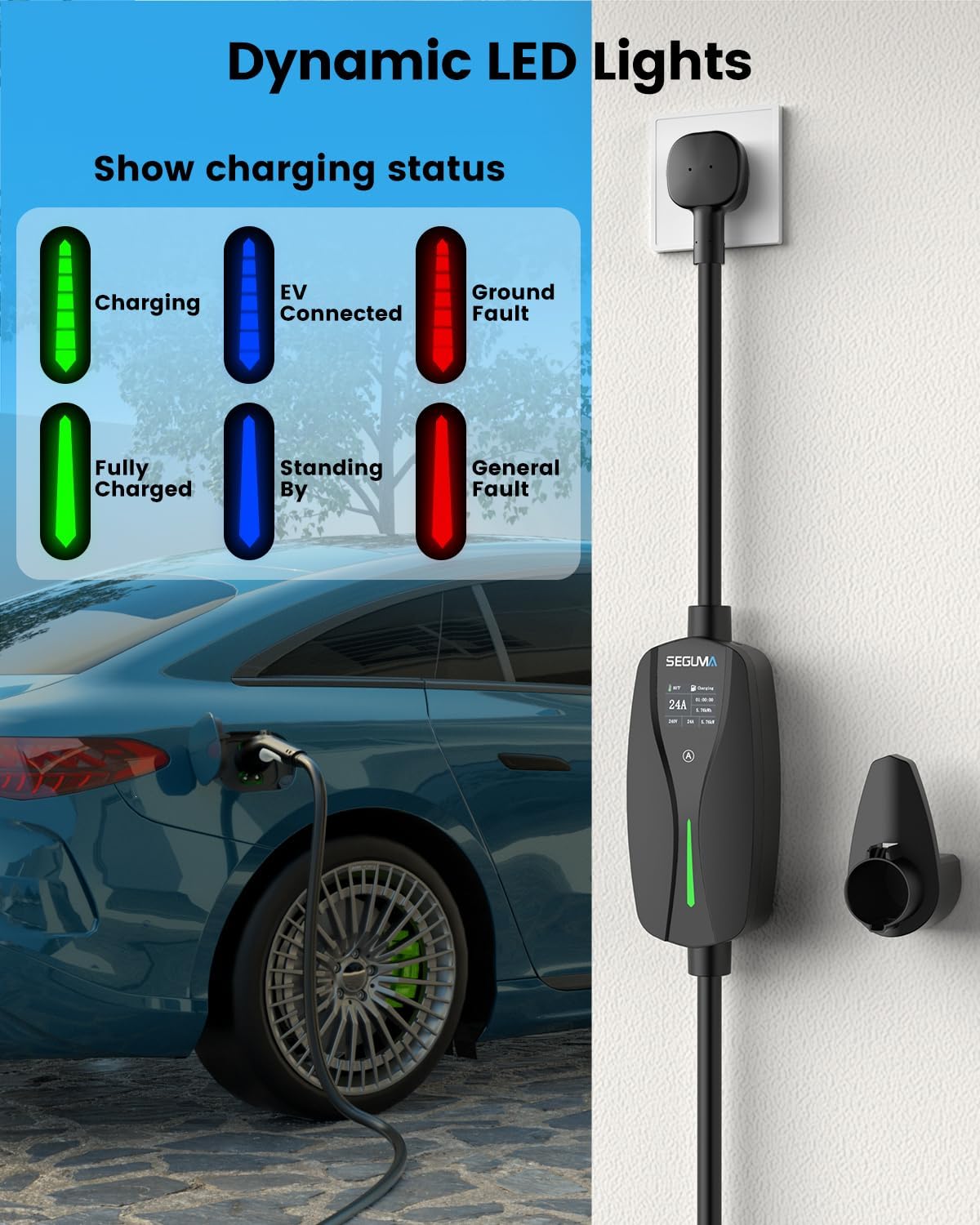 Level 2 EV Charger with NEMA 10-30 Plug, 24Amp 240V, 25FT Extension Cord, Adjustable Current (10-24A), Portable Home Mobile Dryer EV Charger for J1772 Electric Vehicles, Fits 3-Prong Dryer Outlet