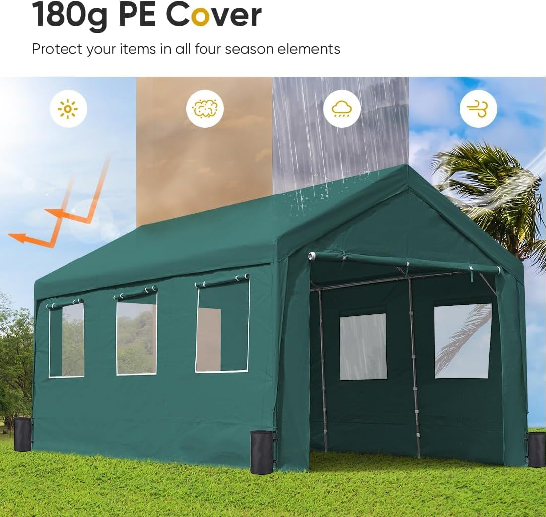 ADVANCE OUTDOOR 10x20 ft Adjustable Height Carport with Removable Window Sidewalls and Doors, Heavy Duty Car Canopy Garage Party Tent Boat Shelter with Reinforced Poles, Green