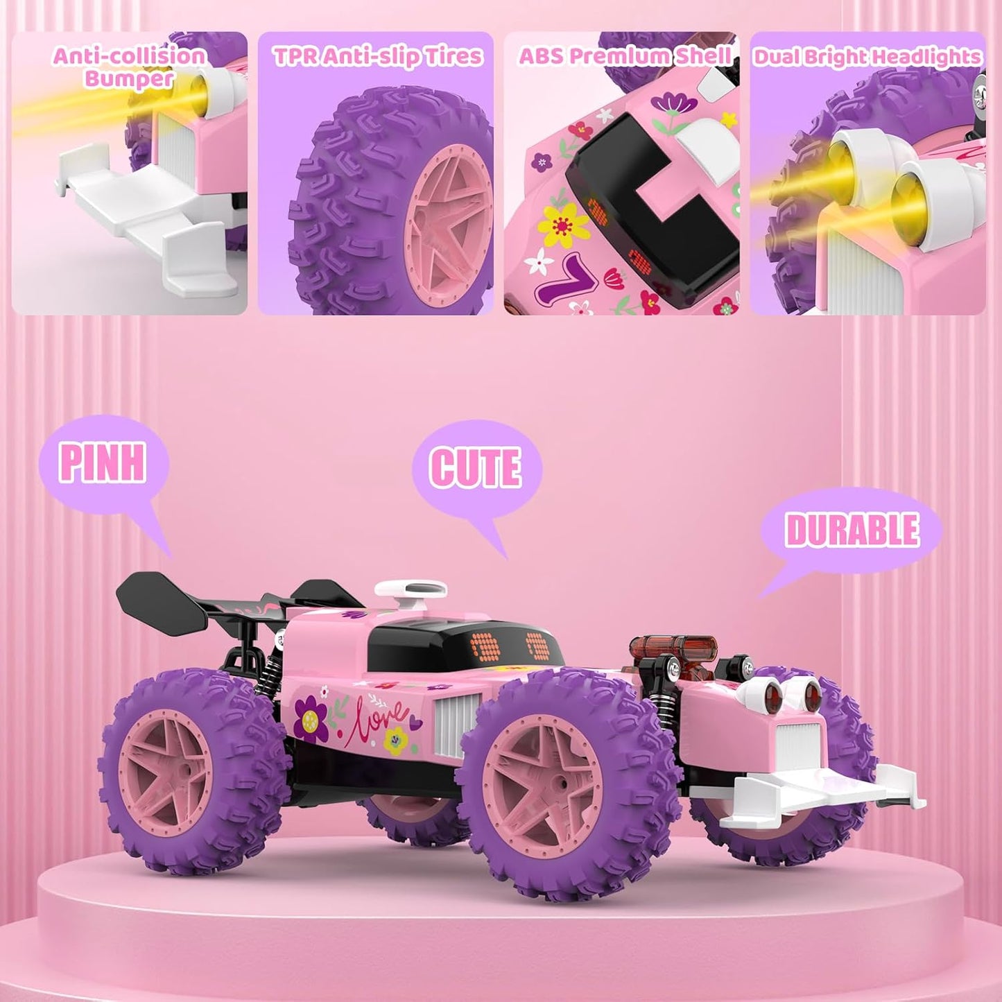 Pink Remote Control Car for Girls, RC Race Car Girl Toy with Colored Lighting Eyes, Rechargeable Battery, 2.4GHz RC Toy Vehicle for Kids, Birthday Christmas Toy Gifts.