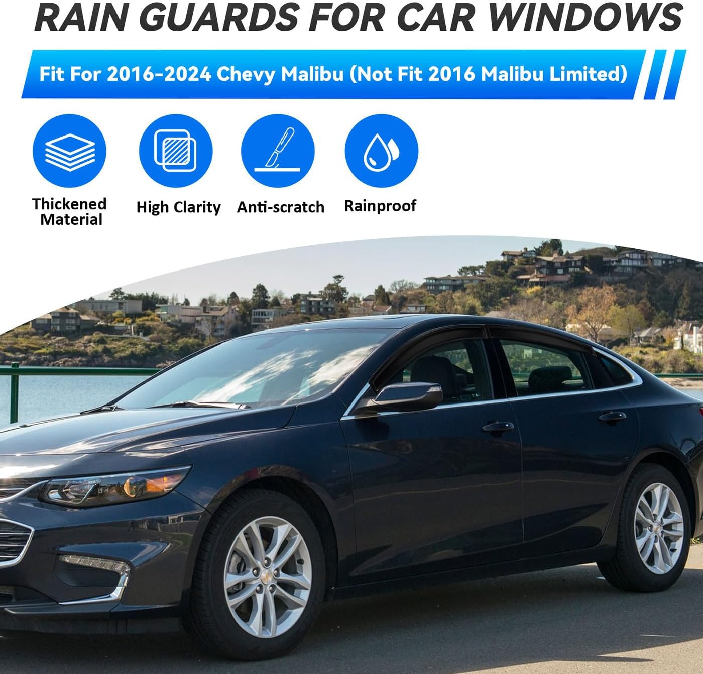 4pcs Front+Rear Smoke Tint Sun/Rain Guard Outside Mount Tape-On Vent Window Visors Compatible with 2016-2024 Chevy Malibu