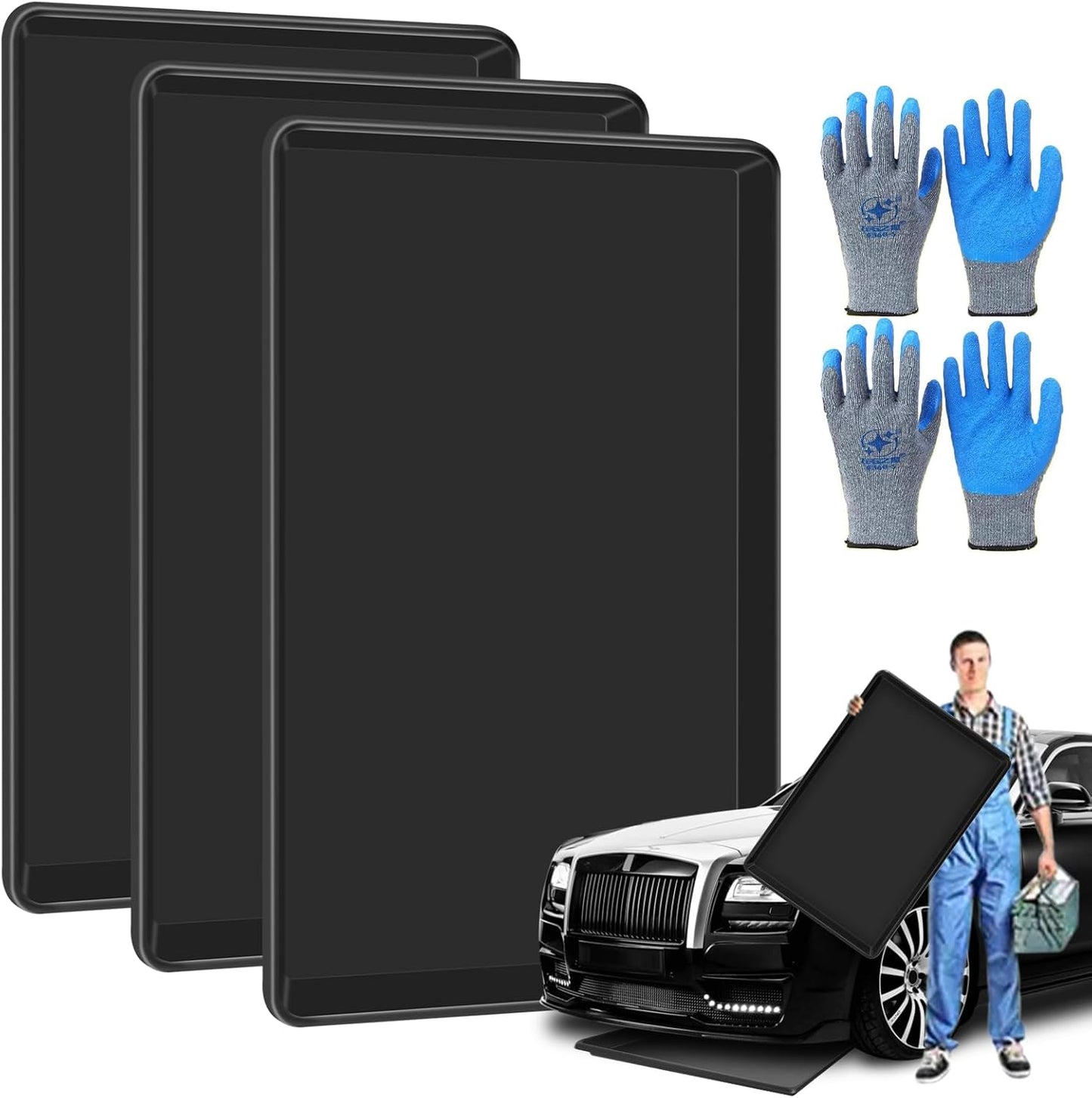 3 Pcs Extra Large Oil Drip Pan for Under Car - 35.4 x 24 x1.6 Inches, Hard Plastic Auto Oil Drip Tray, Oil Catch Pan Replacement Tray to Keep Garage Floor Show Room Driveway Safe and Clean