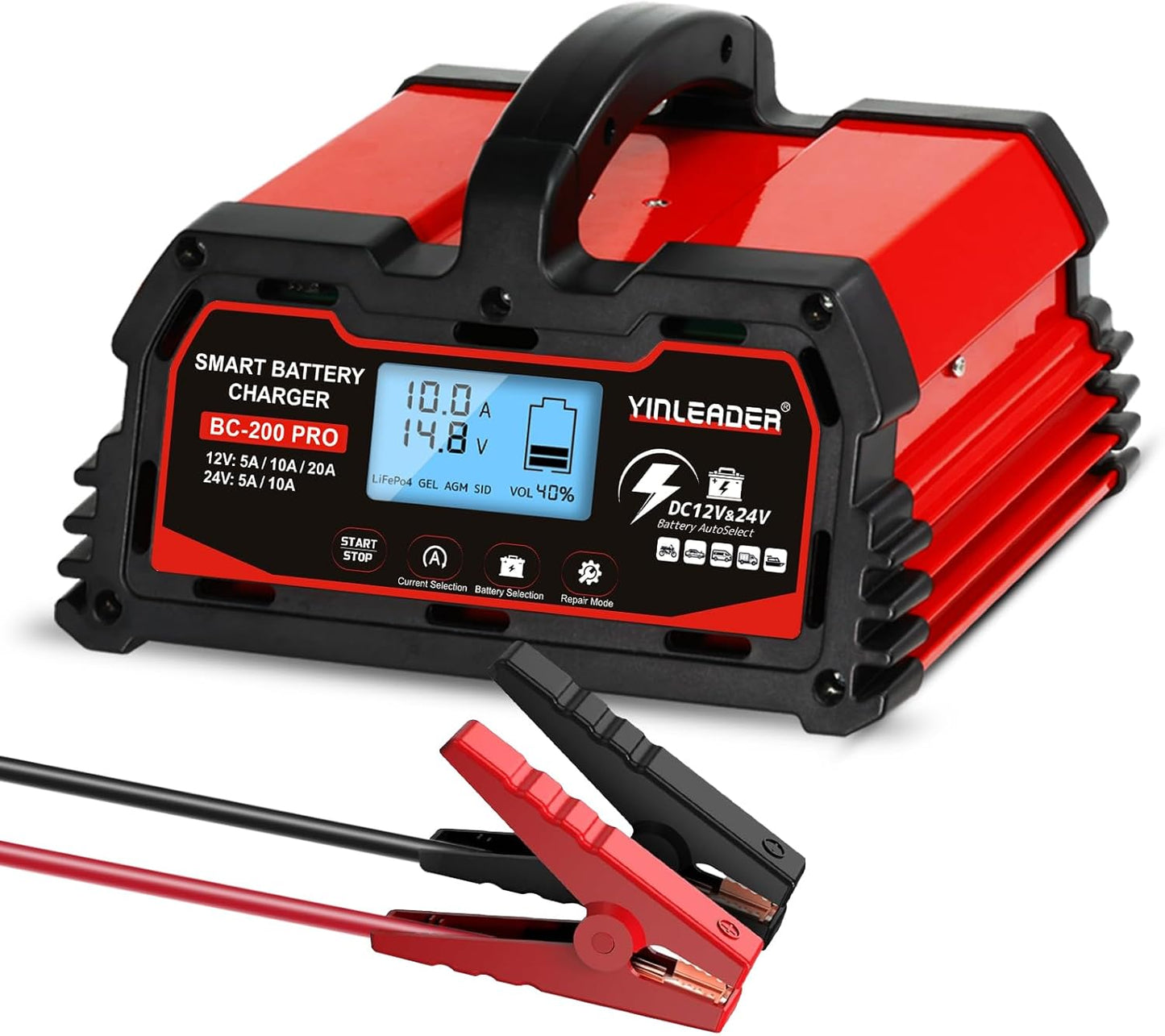 Battery Charger 20A, 12V/24V Lead Acid Smart Battery Charger, 12V LiFePO4 Car Battery Trickle Charger, Automatic Battery Maintainer for Car Motorcycle Lawn Mower Marine Boat Lead Acid Batteries