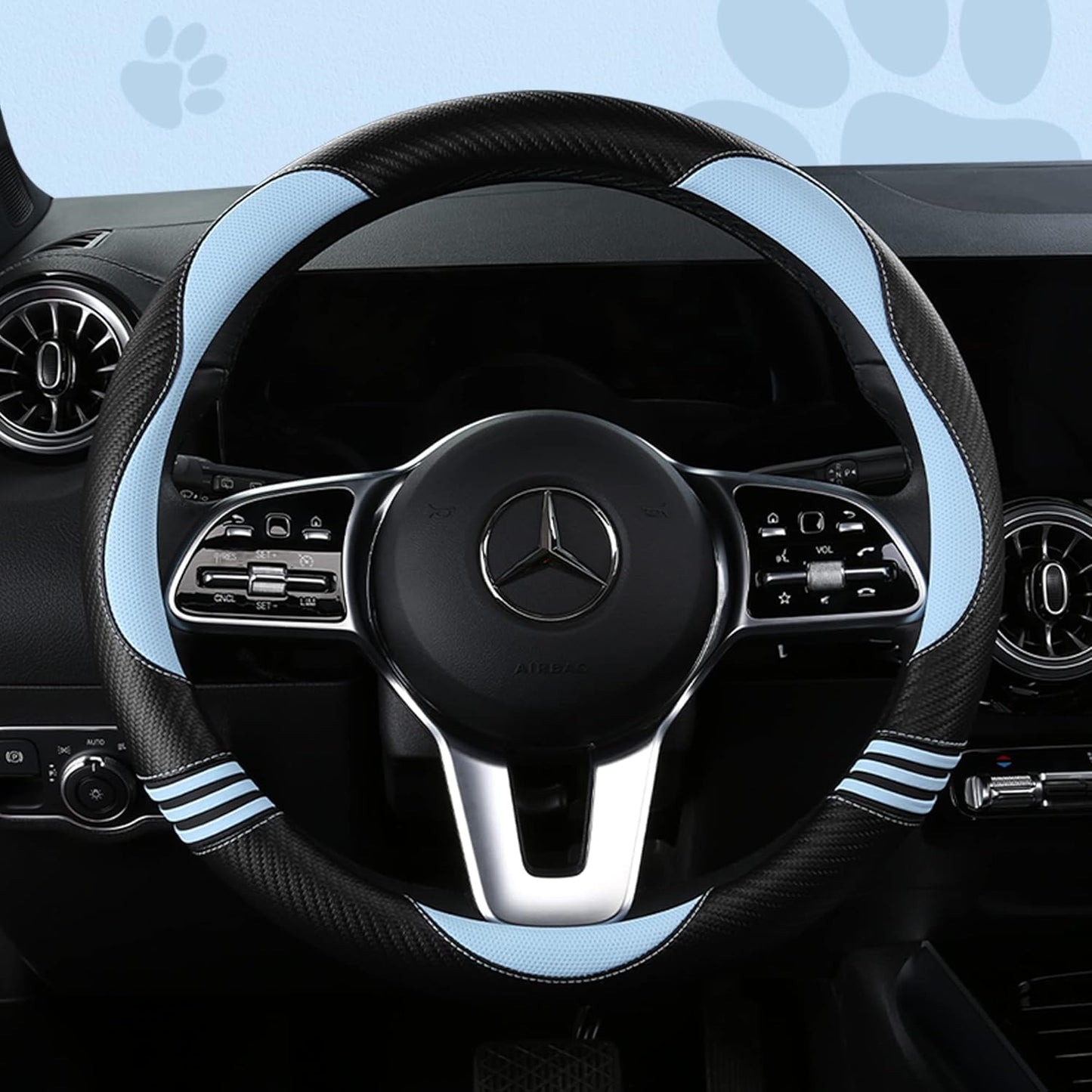 Car Steering Wheel Covers for Women Girl Padded Carbon Fiber PU Leather Cute Cartoon Auto Interior Accessories for Jeep, Truck, Universal, Anti Slip, Blue, Large Size 15.5-16"(39-41cm)