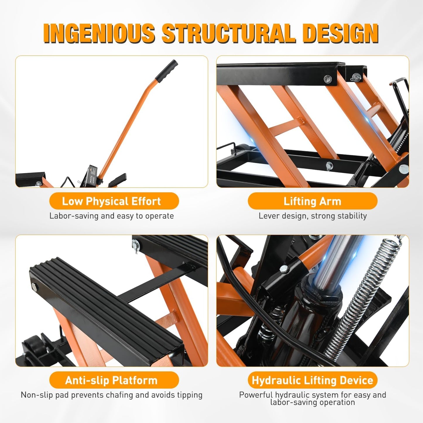 Nilight Motorcycle Lift Jack 1500 LBS Hydraulic Lifts ATV Scissor Jacks with Wheel Foot Pedal Handle Ratchet Belt Heavy Duty Lifter Stand Hoist Table for Dirt Bike Garage Storage Repair Tool,Orange