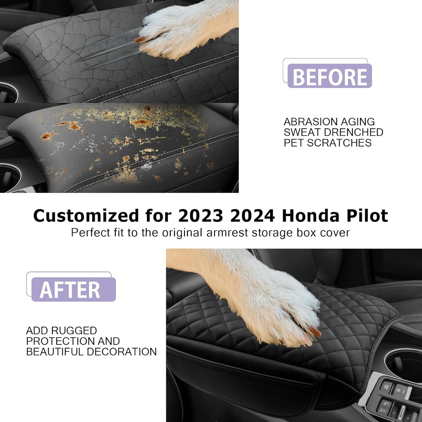 LUWU Center Console Cover Compatible with 2023 2024 2025 Honda Pilot & 2024 2025 Ridgeline & 2024 2025 2026 Honda Passport Accessories Armrest Console Cover Leather Interior Accessories (Thick Black)