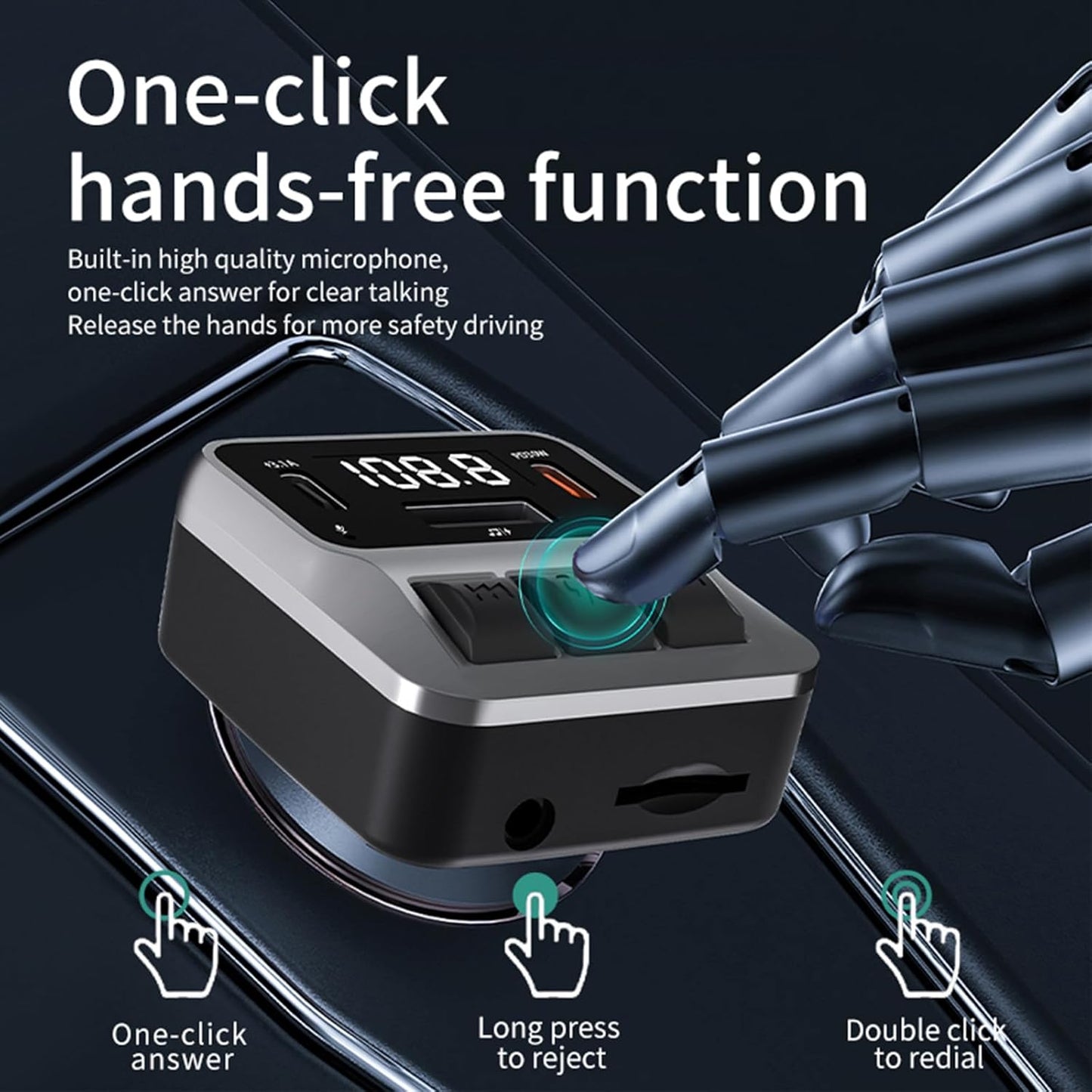 Car Bluetooth 5.3 FM Transmitter，with Dual PD 30W Type-C Car Fast Charging and Support USB Port Bluetooth Adapter, Hands-Free Calling，Support AUX, TF Card，U Disk(C65)