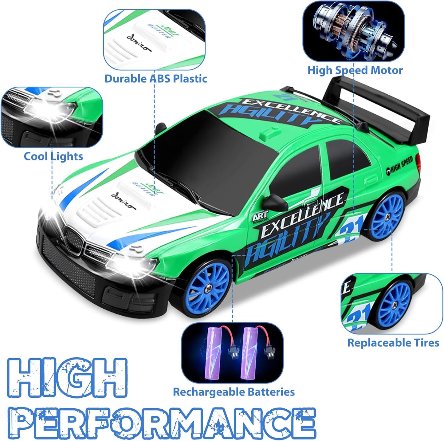 RC Drift Car 2.4GHz 1:24 Scale 4WD Remote Control Car 15KM/H High Speed Drifting RC Cars with Cool Lights, Two Batteries and Extra Tires Toys for Kids Boys Girls Adults, Green