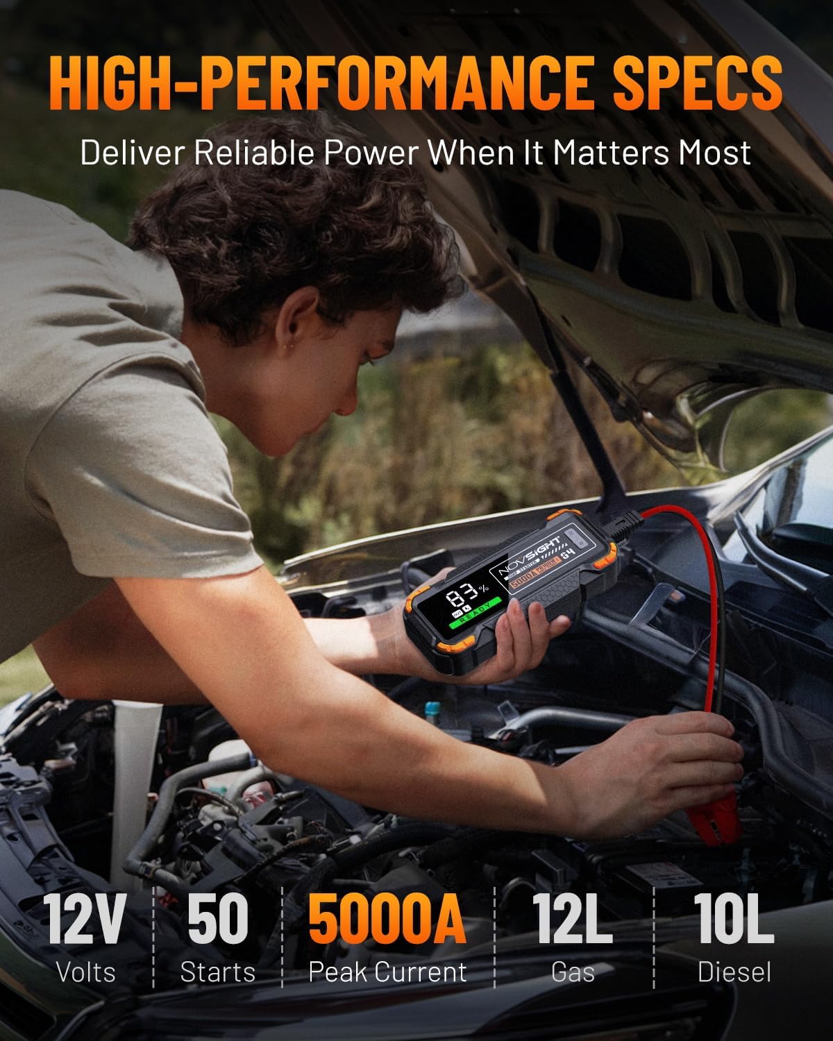 NOVSIGHT Car Battery Jump Starter - 5000A Portable Battery Jumper (12.0L Gas/10.0L Diesel) 12V Car Starter Jump Box with USB Type-C Quick Charge, Bulit-in Charge 3 Modes, Dual Color Lights(Orange)