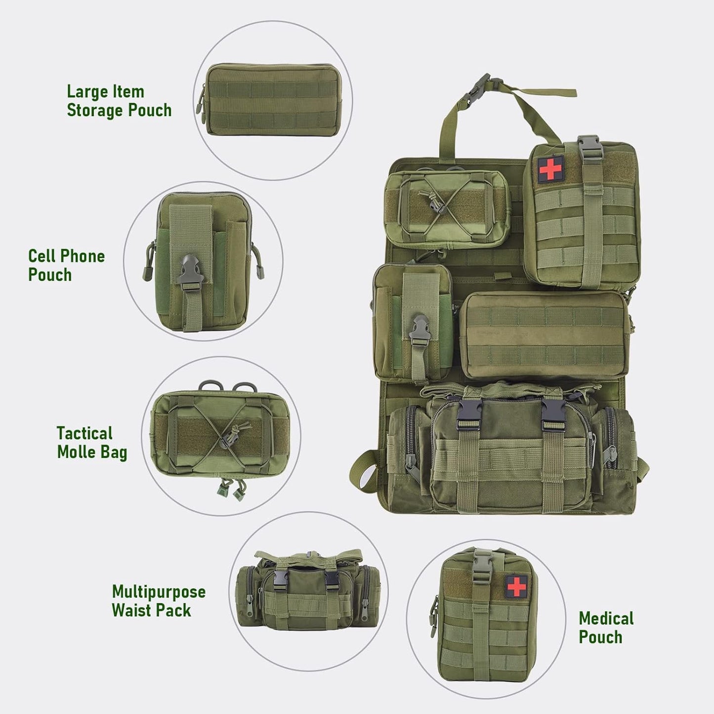 Universal Tactical Seat Back Organizer Vehicle Molle Panel Organizer Storage Bag with 5 Detachable Molle Pouch for All Vehicel Such as Jeep,Truck,SUV, Car, Ford,Chevy etc