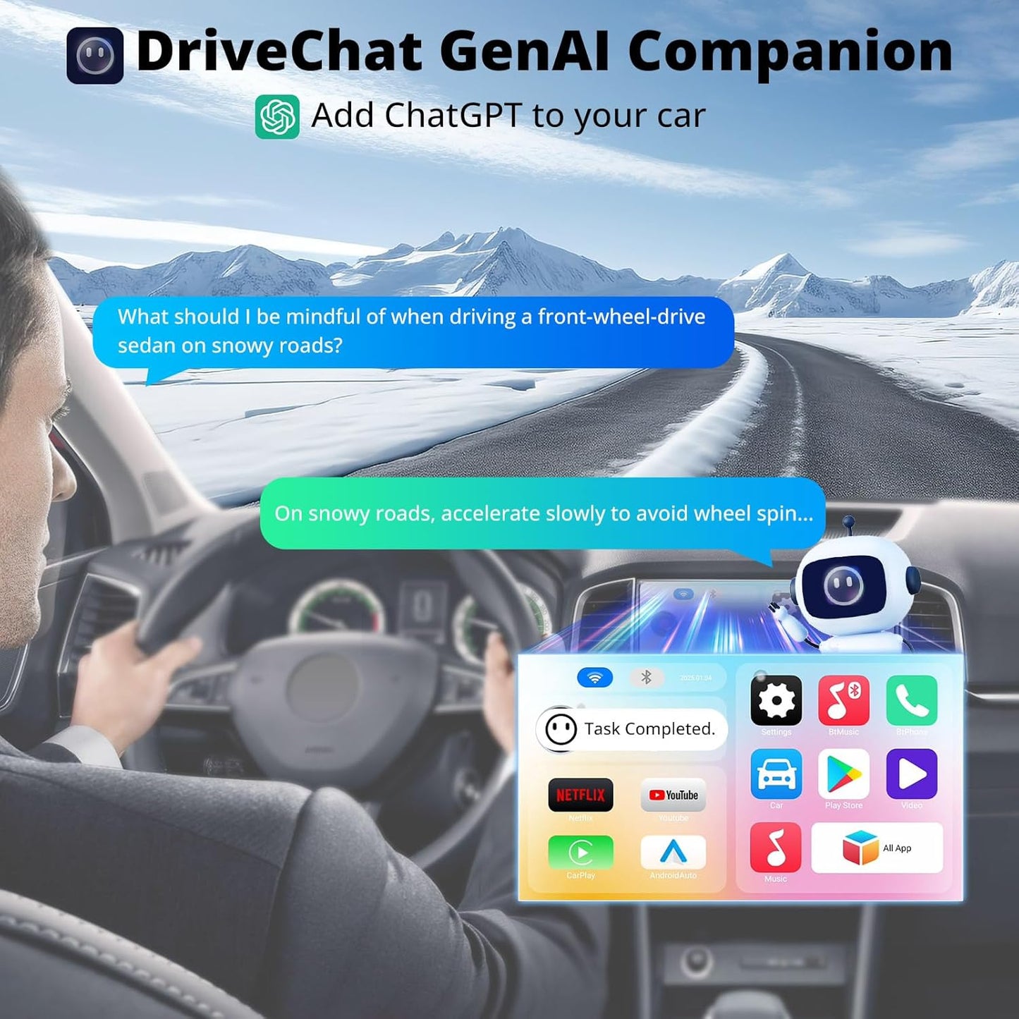 Portable AI Box CarPlay -2025 Upgrade Wireless CarPlay Adapter Compatible with YouTube, Plug & Play Smart AI Box Support DriveChat, Dual Bluetooth, Dual Wi-Fi, Max 128GB TF Card (CB4A-N-BK1)