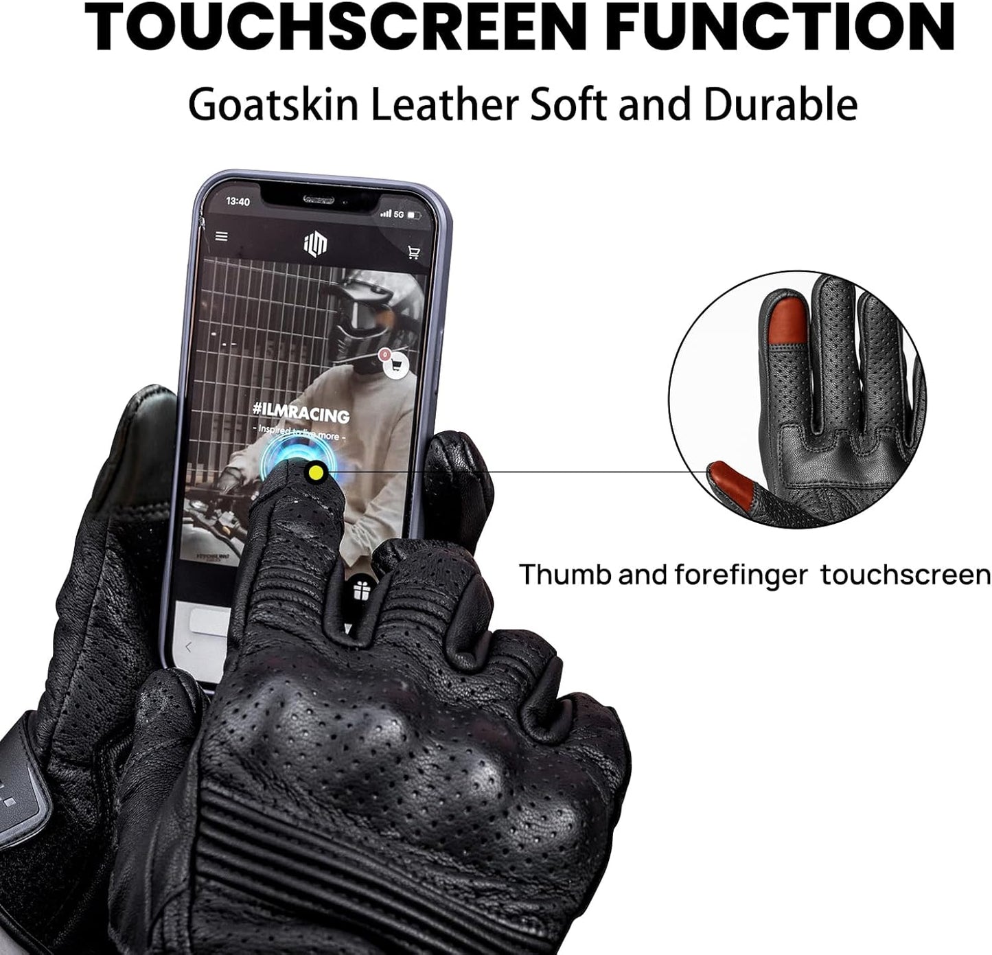 ILM Goatskin Leather Motorcycle Motorbike Powersports Racing Gloves Touchscreen for Men and Women Model DN01(M, Black Perforated)
