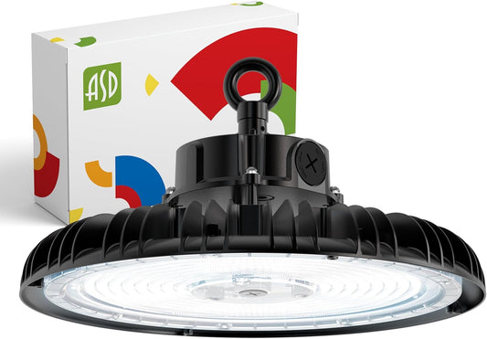 ASD LED High Bay UFO Light Fixture, Commercial Shop Lighting | Dimmable, IP69K Waterproof, DLC Premium, UL Listed | 240W 37000LM 5000K 100-277V | Warehouse, Garage, Workshop, Barn Lamp | Black