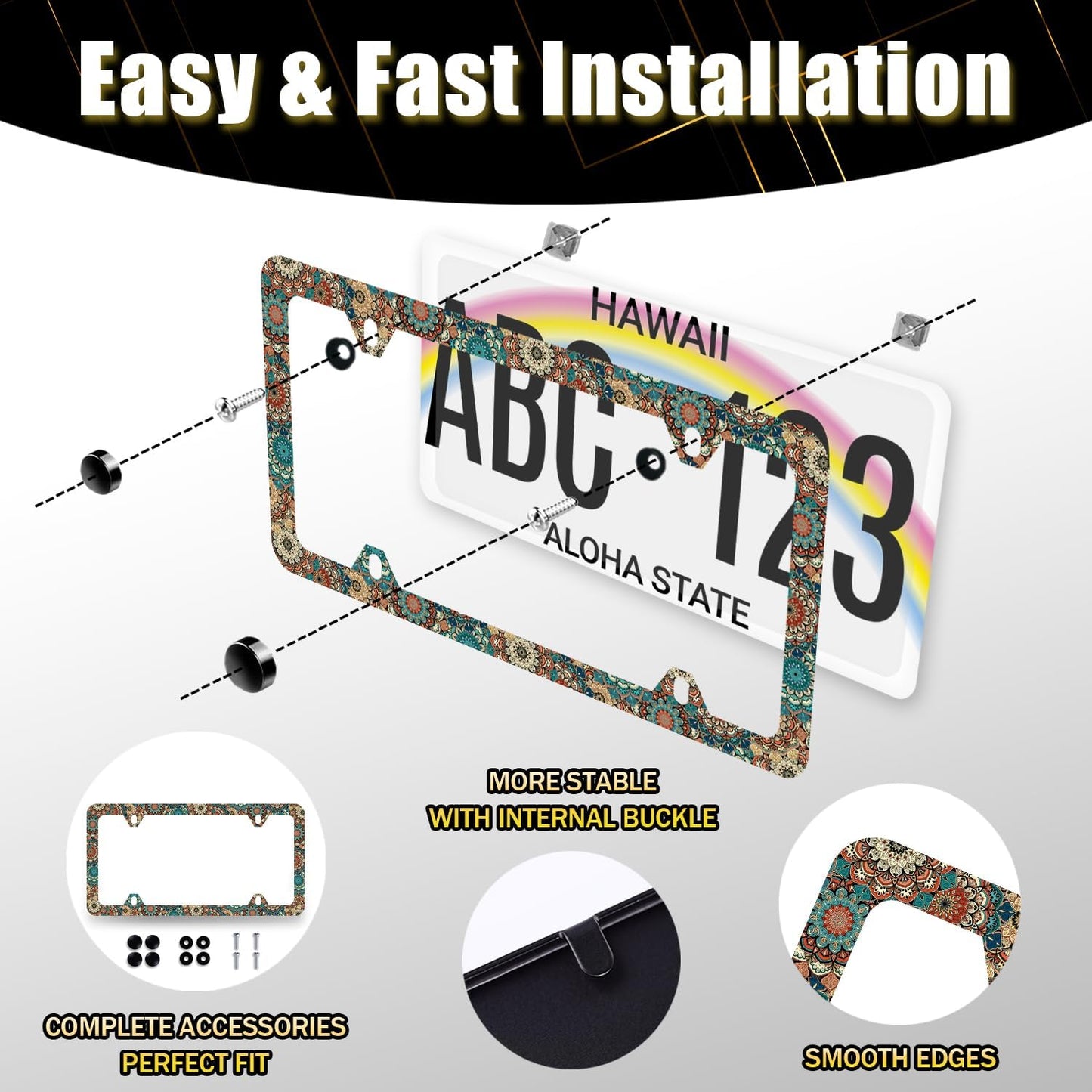 Vintage Mandala Flowers License Plate Frame Boho Floral License Plate Holder Funny License Plate for Car Decoration Stainless Steel Colorful Car Accessory with Screws Men Women 12.3" x 6.3"