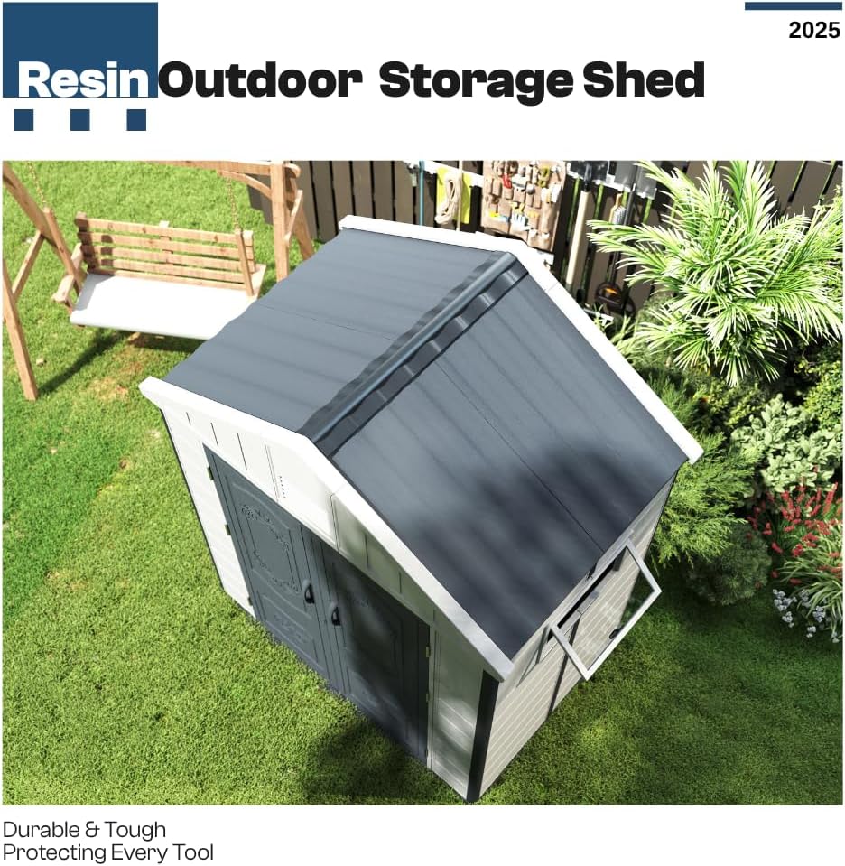 Kingdura 6x4 FT Resin Outdoor Storage Shed with Reinforced Floor, All-Weather Resistant Plastic Garden Outside Bike Tool Shed with Lockable Doors, Window for Backyard Patio Poolside
