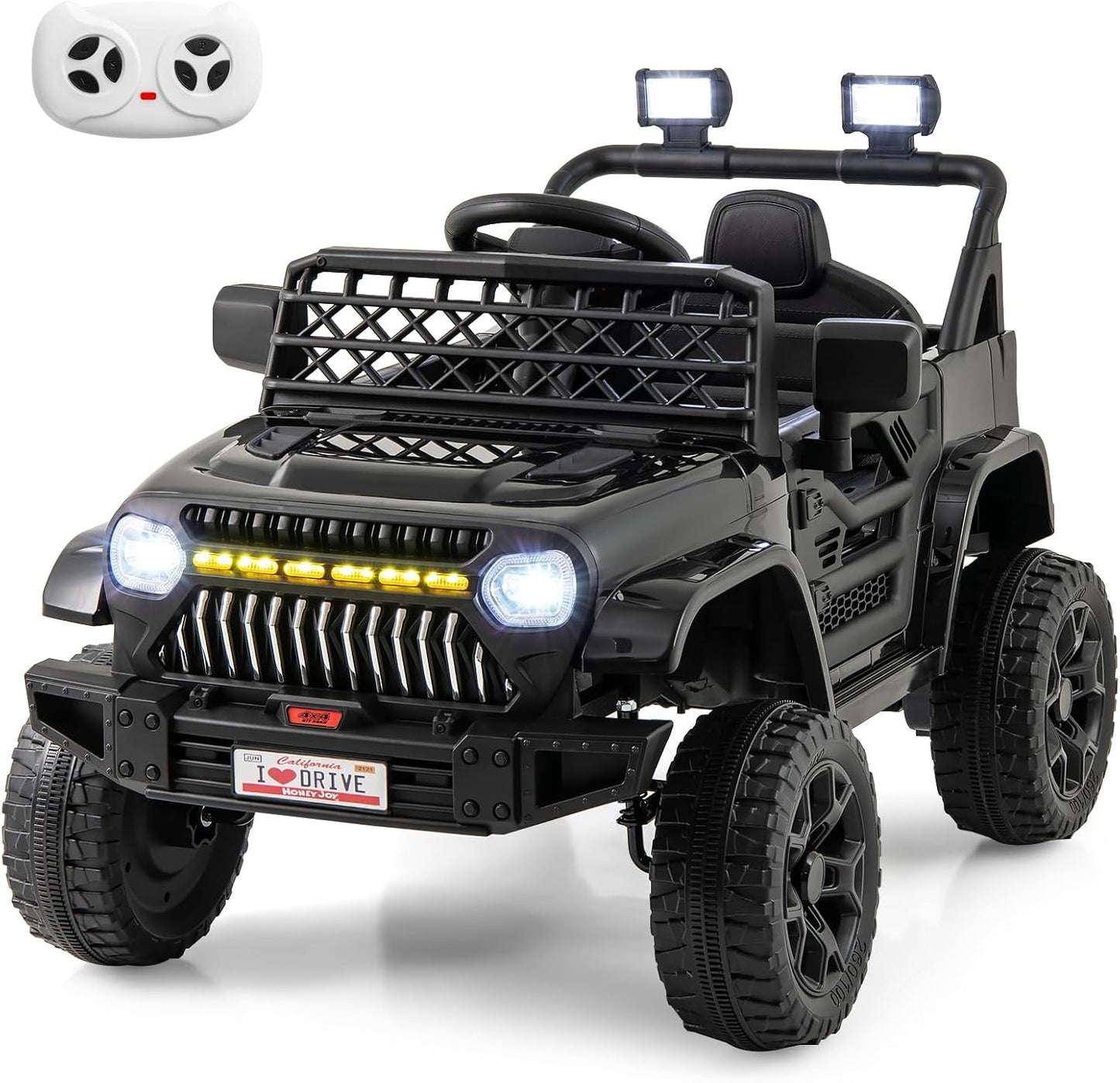 Costzon Kids Ride On Truck, 12V Battery Powered Electric Vehicles w/Remote Control, Spring Suspensions, 3 Speeds, Music, Lights, Wireless Connection, Ride on Car for Boys & Girls 3+ (Black)
