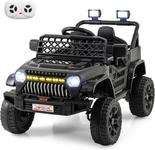 Costzon Kids Ride On Truck, 12V Battery Powered Electric Vehicles w/Remote Control, Spring Suspensions, 3 Speeds, Music, Lights, Wireless Connection, Ride on Car for Boys & Girls 3+ (Black)