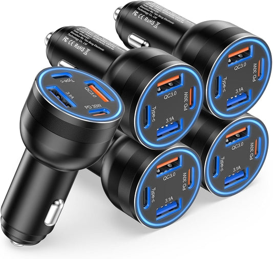 65W USB C Car Charger, 5 Pack 4-Port PD Super Fast Charging Type C Car Charger for Multiple Devices, Cigarette Lighter Adapter, USBC Phone Adapter for iPhone 16/16e/15 Pro Max,Samsung S25,iPad,Pixel