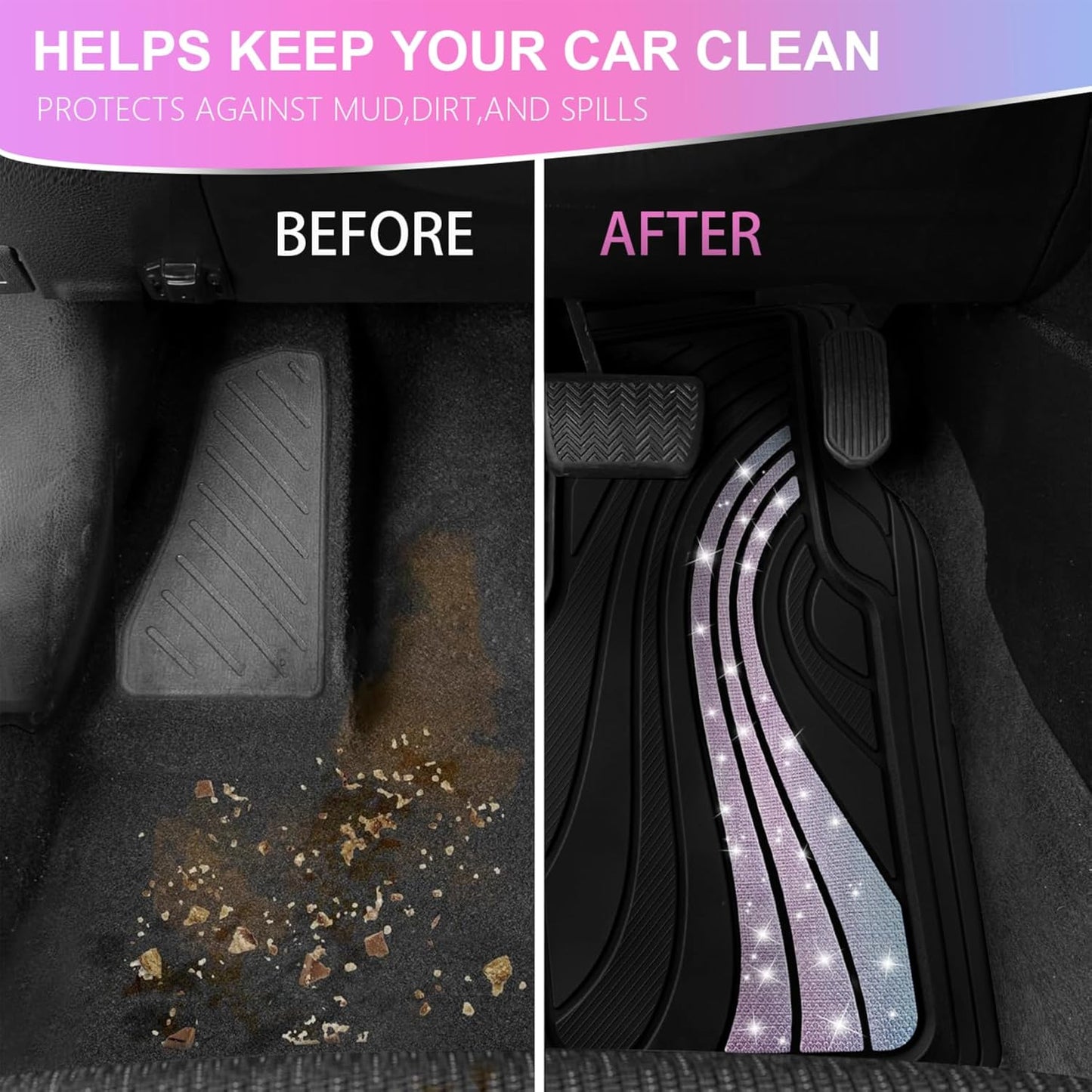 Road Comforts Car Floor Mats Full Set – Front & Rear Car Floor Mats with Aluminum Design, Anti-Slip Backing, All-Weather Protection, Trim-to-Fit Car Mats for Most Sedans, SUVs & Vans - Glitter