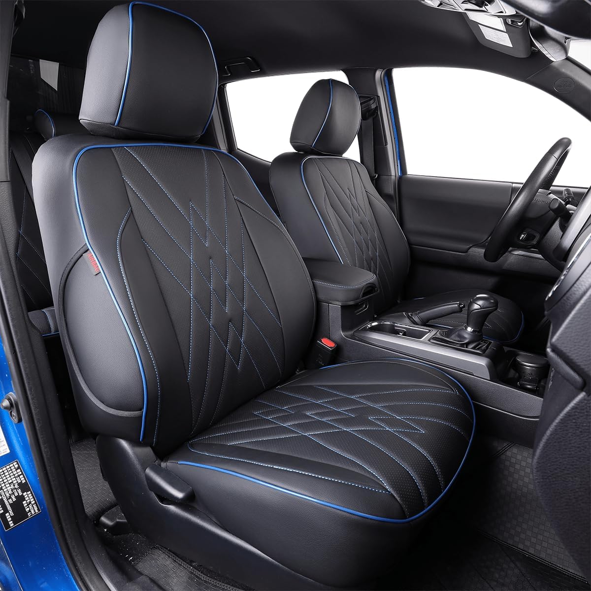EKR Custom Fit Tacoma Front Row Leather Car Seat Covers for Toyota Tacoma 2012 2013 2014 2015 (Regular Seats) -Front Row Only, Leather (Black with Blue Trim)