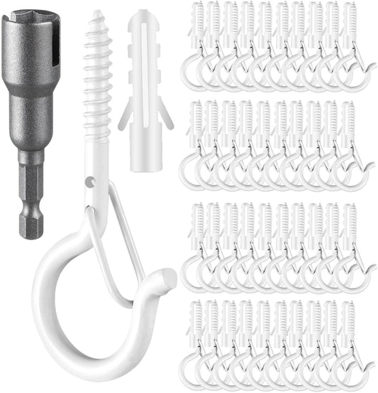 96 PCS Q-Hanger Hooks, Screw Hooks for Outdoor String Lights, Safety Buckle Design Cup Eye Hook for Hanging Christmas Lights, Plants, Mounted on Wall Ceiling, Include 1 Wing Nut Driver, White