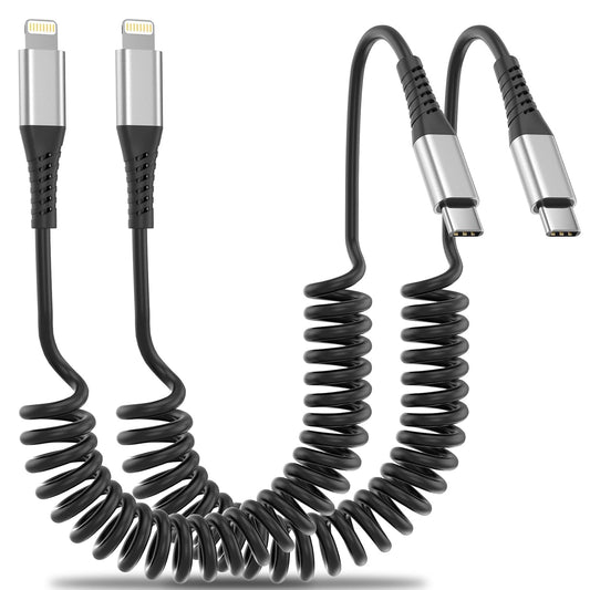 Coiled USB C to Lightning Cable for Car 2 Pack, 3FT Apple Carplay Cable, Short Retractable iPhone Charger Fast Charging Cord for iPhone 14 13 12 11 Pro Max Xs X Xr 8/Airpods