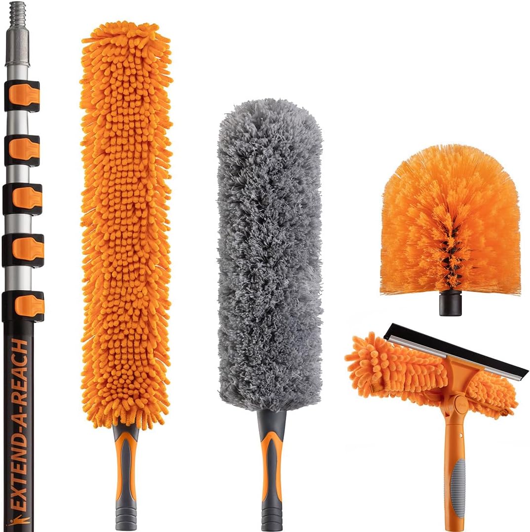30 Foot High Reach Duster Kit with 5-24 ft Extension Pole // High Ceiling Dusting and Window Cleaning Kit with Telescopic Pole // Window Washer & Squeegee, Cobweb Duster, Fan Blade and Feather Duster