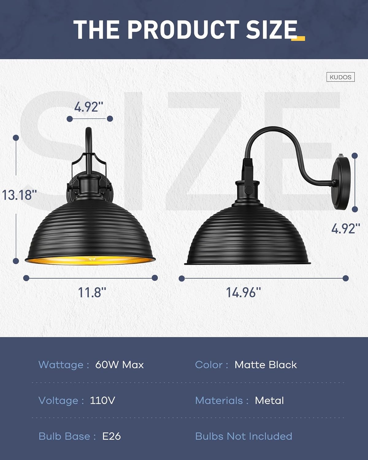 kudos Dusk to Dawn Sensor Outdoor Light Sconces Wall Mount, 12" Large Waterproof Farmhouse Porch Light, Exterior Garage Light Fixtures, 1 Pack, KDOWL04-BK-S-LC