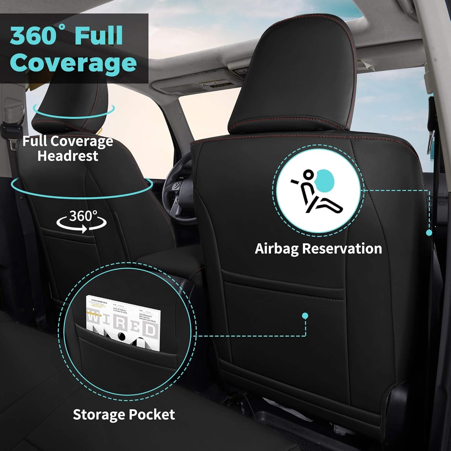 Seat Covers for Toyota 4Runner 2011-2024, Faux Leather Car Seat Cover Full Set, 3-Row-Only for 7 Seats Version-BlackRed