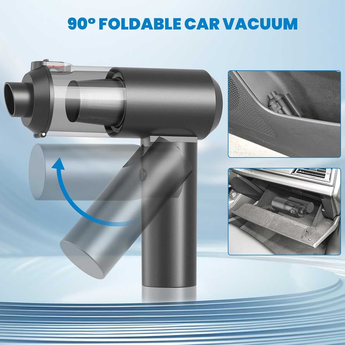 90° Foldable Car Vacuum Portable Cordless 16000PA Suction, 4-in-1 Mini Vacuum Cleaner with Brushless Motor, Handheld Vacuum for Car, Home,Office