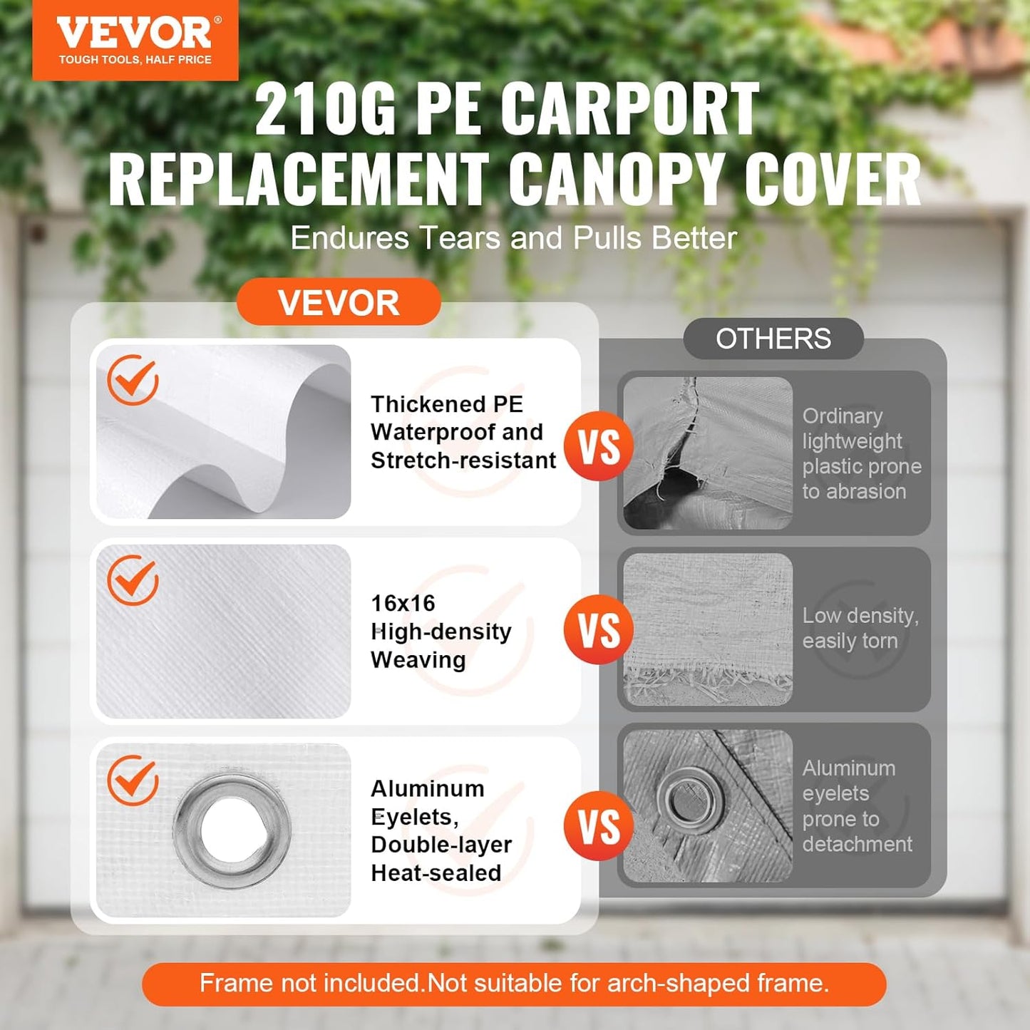 VEVOR Carport Replacement Canopy Cover 10 x 20 ft, Garage Top Tent Shelter Tarp Heavy-Duty Waterproof & UV Protected, Easy Installation with Ball Bungees,White (Only Top Cover, Frame Not Include)
