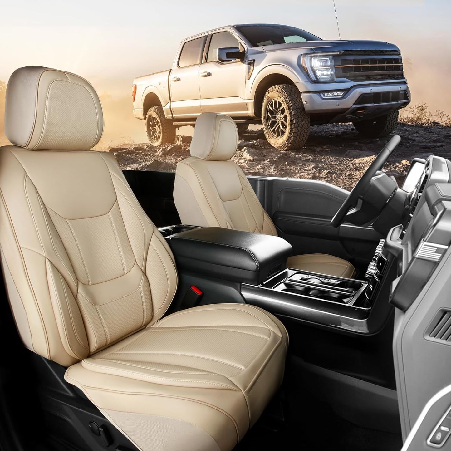 Coverland Custom Car Seat Covers Compatible with F150, Ram 1500 2500 3500, Tundra - Premium Leather Non-Slip Memory Foam Waterproof Interior Protector Front Seat-Beige [See Size Chart-Size A25]