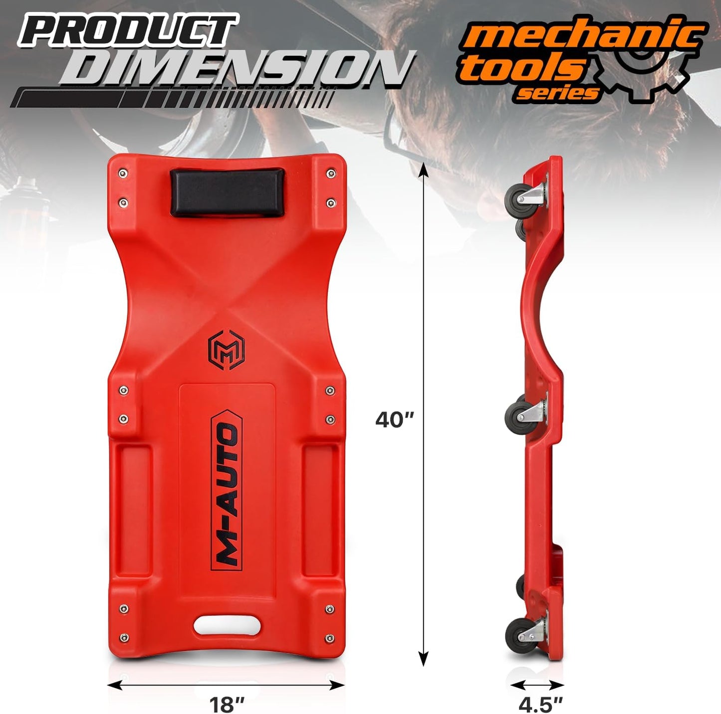 M-AUTO Mechanic Roller Creeper with Padded Headrest, 40" Dual Tool Trays Rolling Creeper for Garage Shop Auto Work Repair, Noiseless Swivel Casters, Red