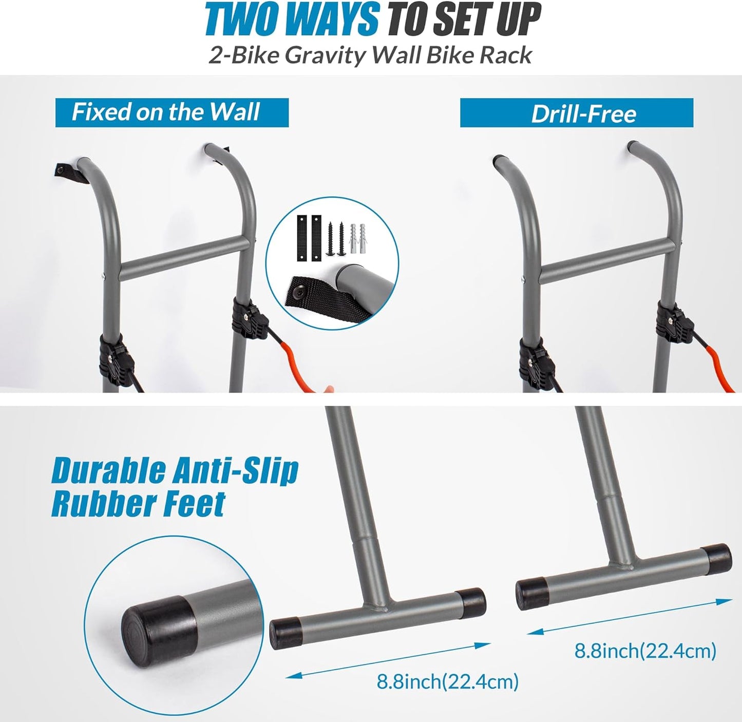 Suchtale 2 Bike Rack, Bicycle Rack, Bike Storage Rack for Garage, Gravity Bike Stand, Indoor Bike Organizer, Floor Vertical Bicycle Holder, Adjustable Wall Mount Cycle Hanger for Road Mountain Bikes