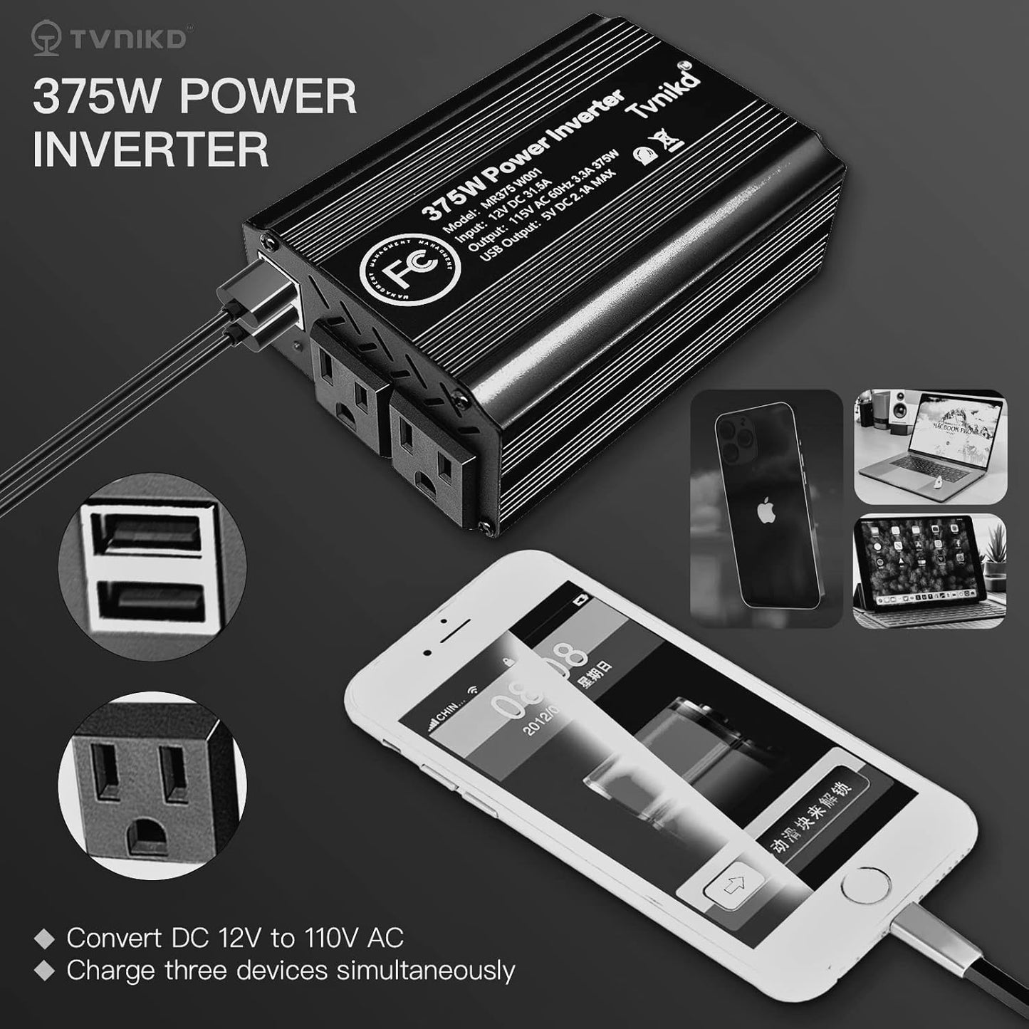 375W/750W(Peak) car Power Inverter 12V to 110V dc to ac with Cigarette Lighter inverters for Vehicles car Camping Truck Trailer with 2 USB outlets-375W