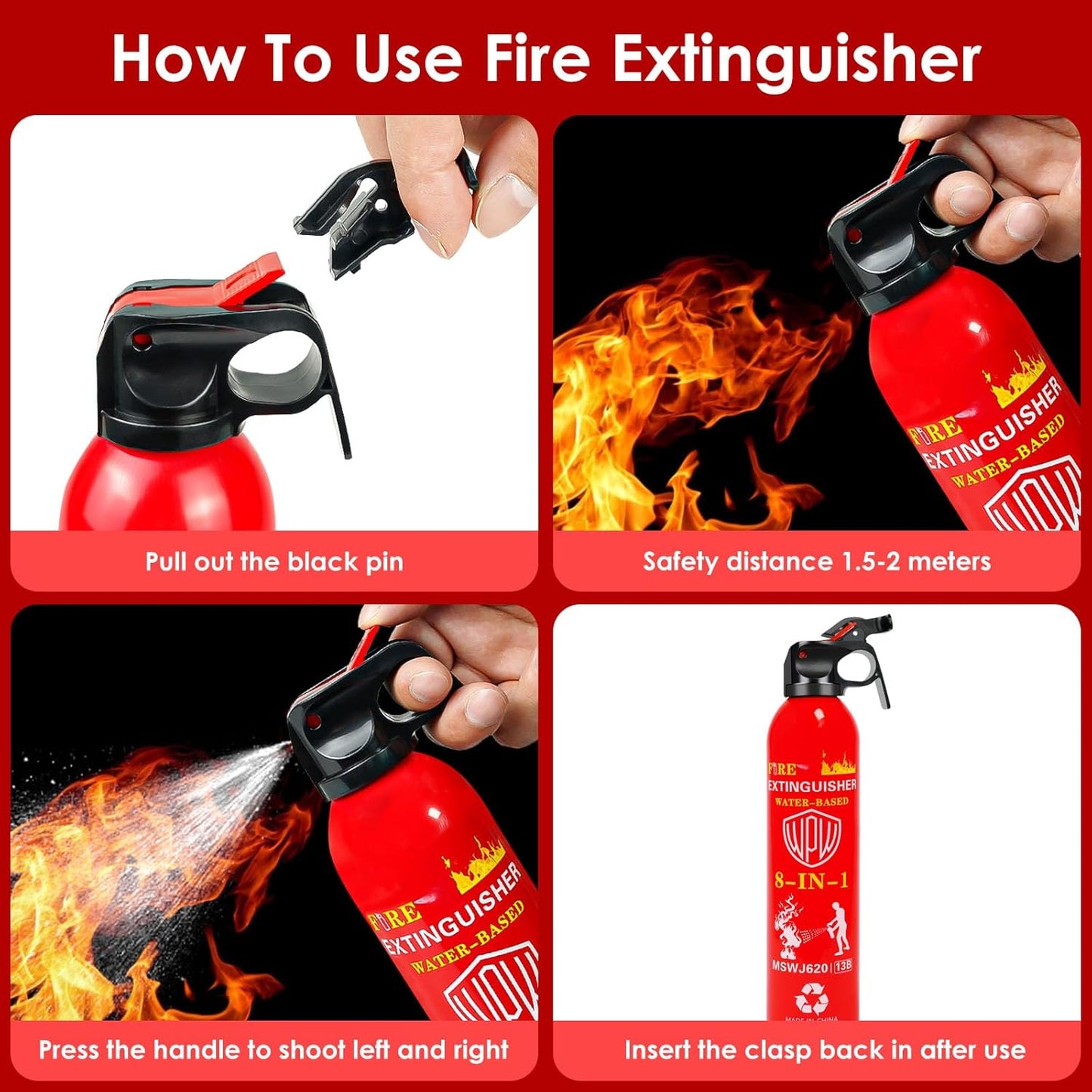 WPW 620ml Large Upgraded 8-in-1 Fire Extinguisher for Home with Wall Mount Portable Fire Extinguisher For Vehicle Car Boat Kitchen Emergency Supplies, Water-Based Solution For A, B, C, K Fire (3 Pack)