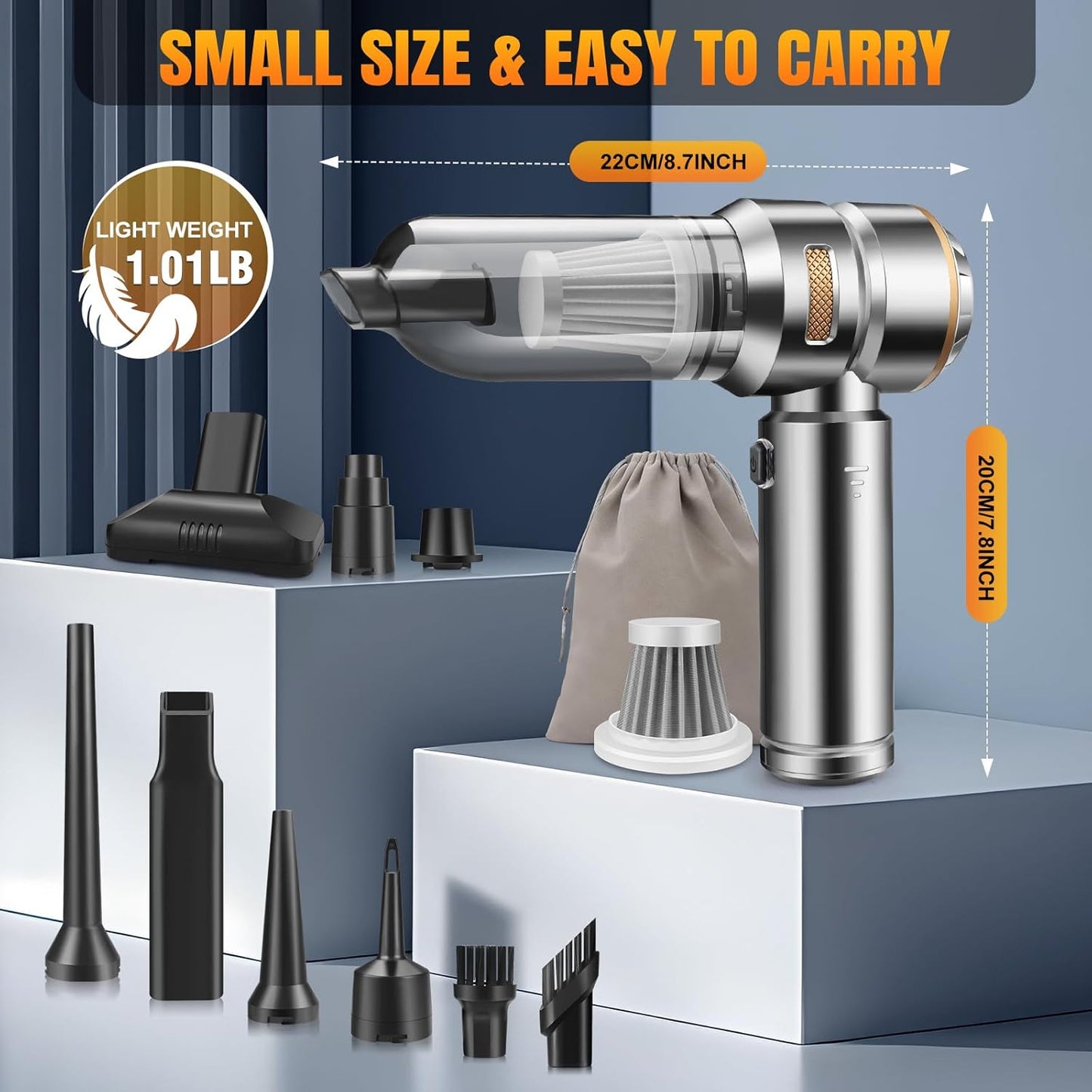 Mini Car Vacuum Cleaner,20000PA 4-in-1 Cordless Handheld Vacuum Cleaner with 6000mAh Battery Brushless Motor Hand Held Vacuum Air Duster & Air Blower & Pump for Car,Office and Home Cleaning