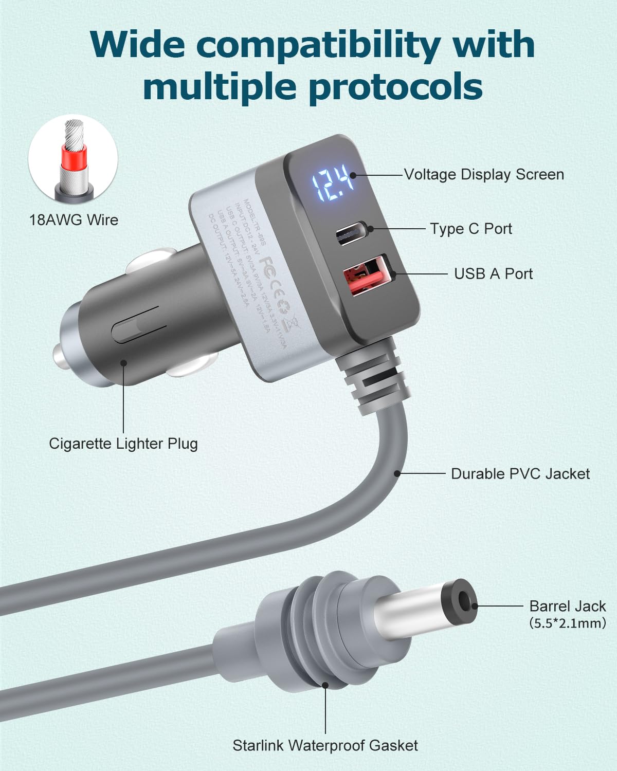 3 in 1 Starlink Mini Cable 12V Adapter 10FT Car Charger for Starlink Mini Power Cable Cigarette Lighter Adapter DC 12V-24V with Digital Display, Durable USB C PD 36W and USB A 18W Port Gray 18AWG 3M