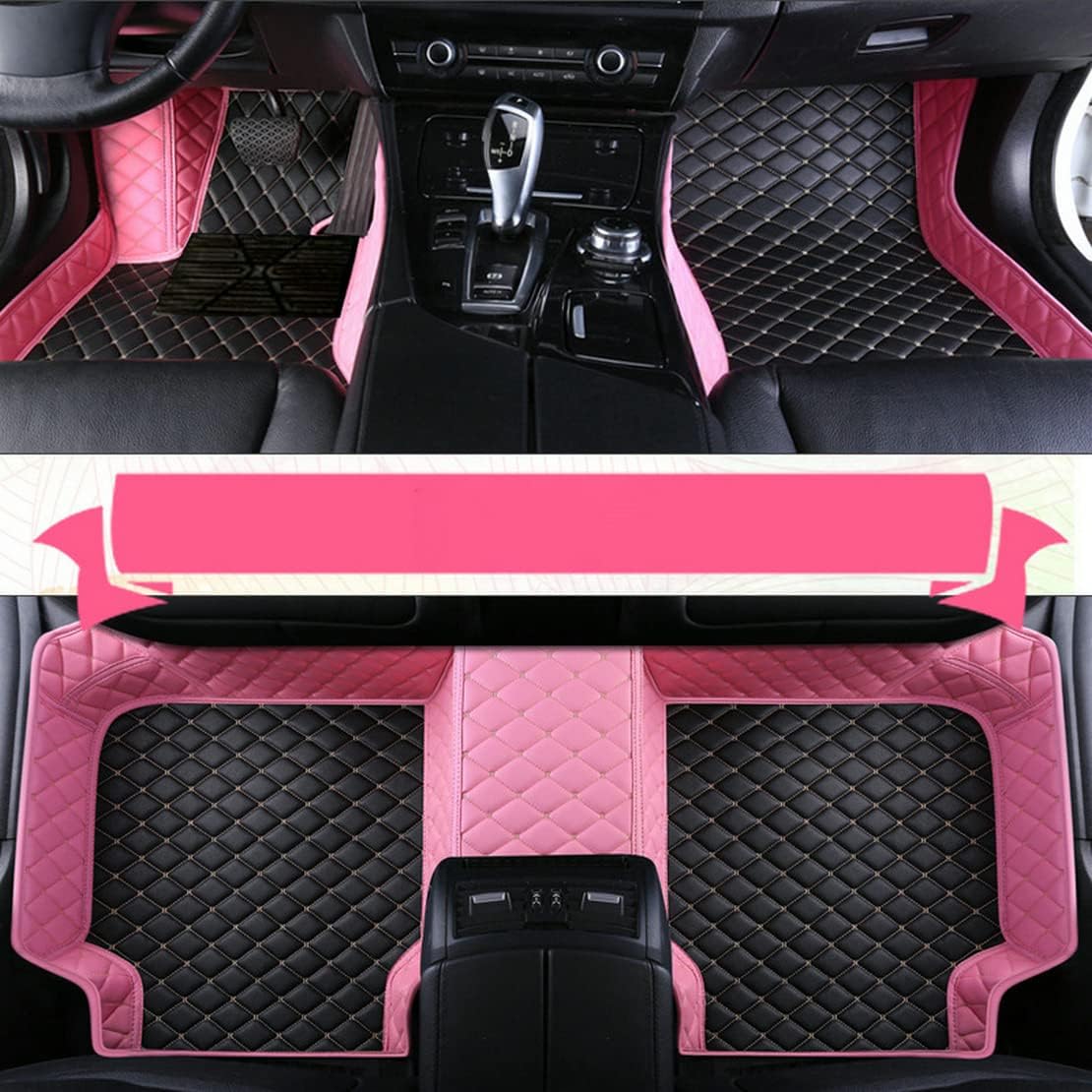 Add Personal Touch to Your Vehicle with IMEISH Customizable Logo Text Car Mats for 99% of vehiclesPads Protection Non-Slip Leather Floor Liners (Pink and Black Beige)