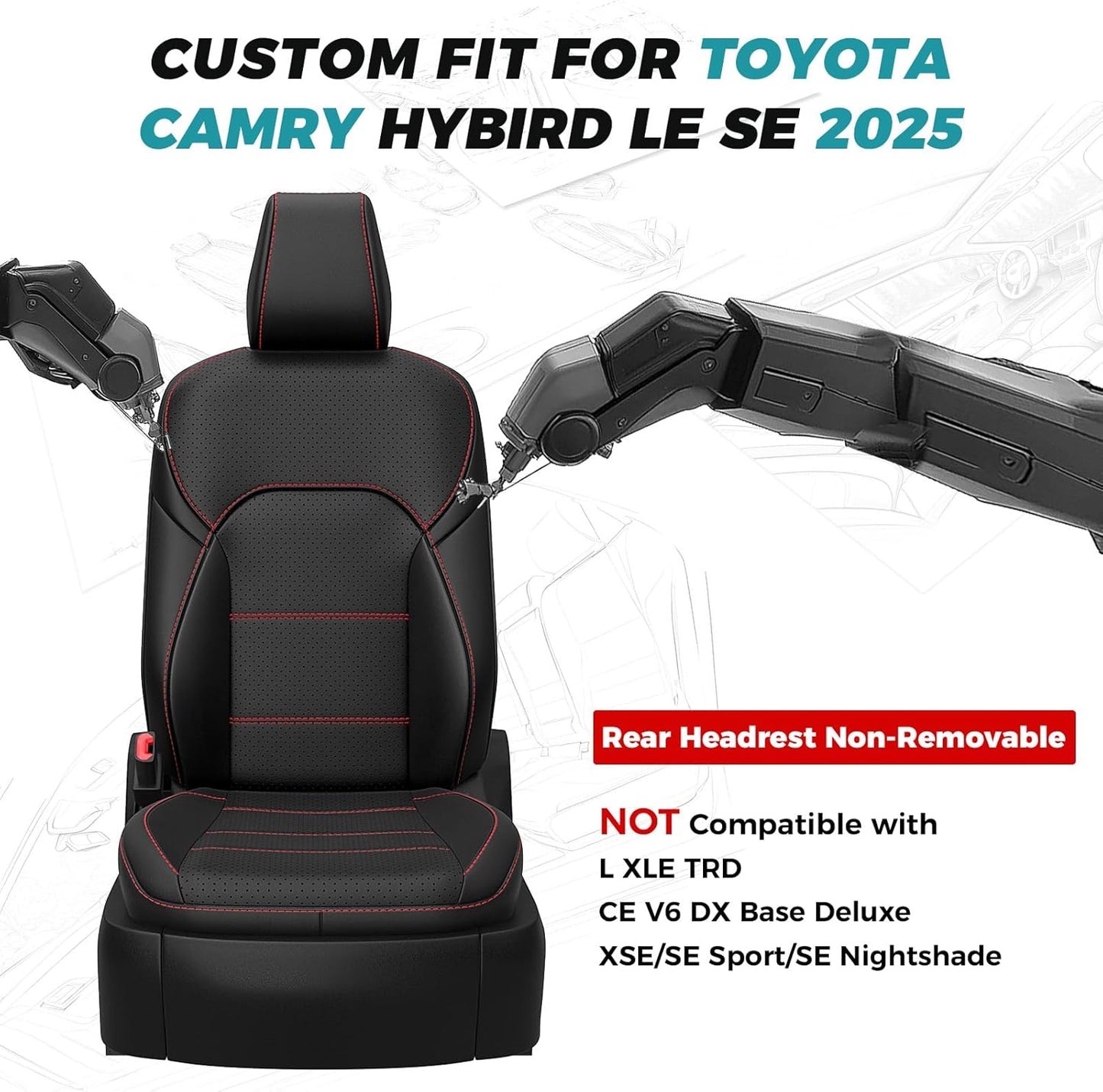 for Toyota Camry Seat Covers LE SE 2025 - Custom Fit Car Seat Covers Full Set, Leather Seat Covers for Cars, Waterproof Car Seat Cover, Black Red