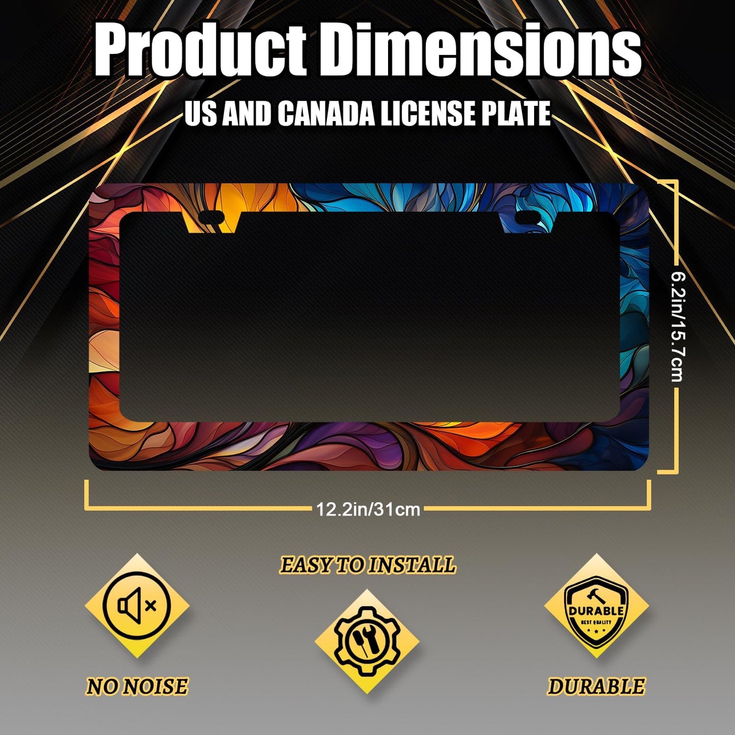 Abstract Leaf License Plate Frame Beautiful Leaves Floral License Plate Holder Stainless Steel Colorful Car Accessory Funny License Plate Decoration Size 12.2" x 6.2" with Screws