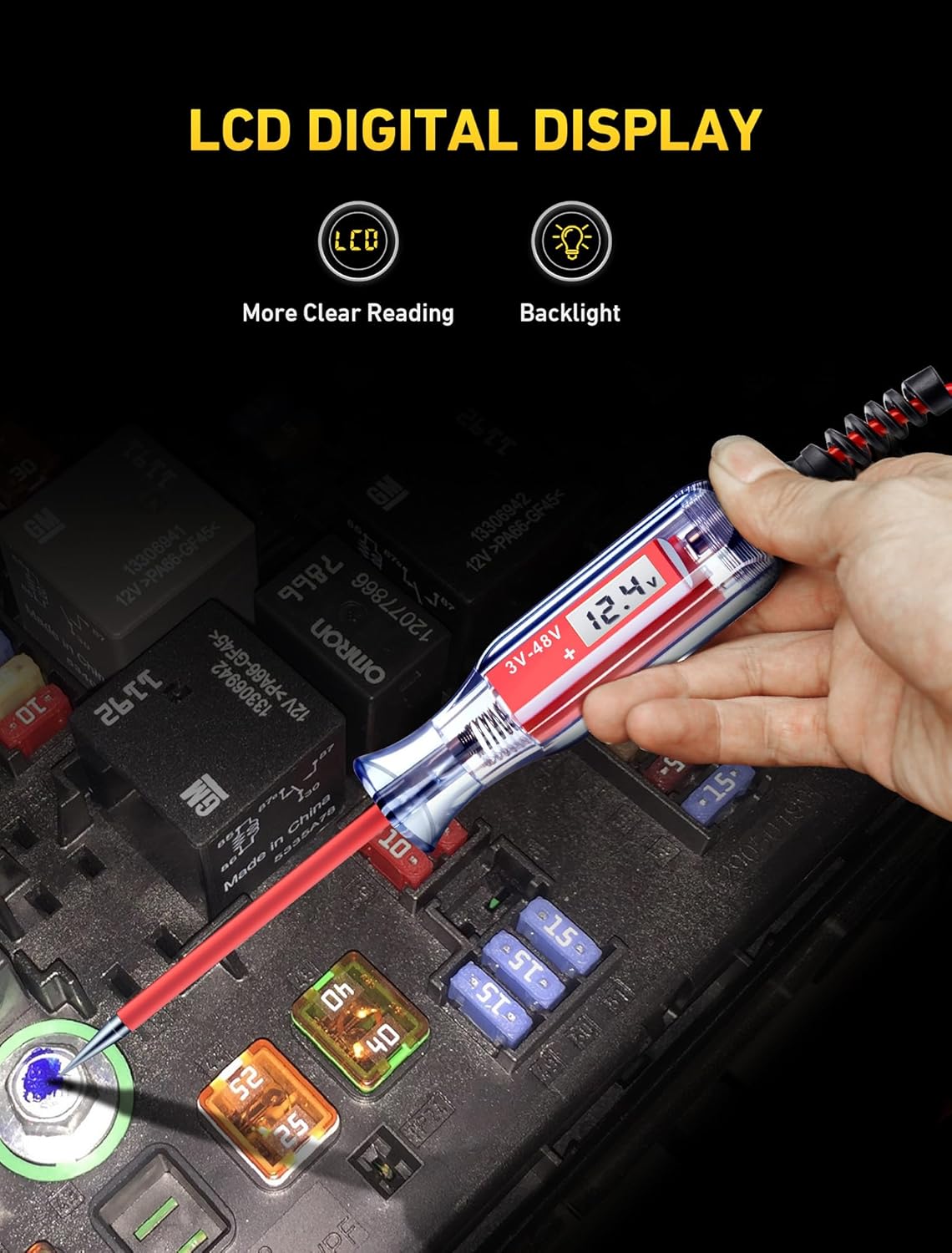 Heavy Duty 3-48V Automotive Circuit Tester with Backlit Digital LCD Voltage Display, DC Test Light with 140 Inch Extended Spring Wire, Car Truck Battery Tester with Stainless Probe