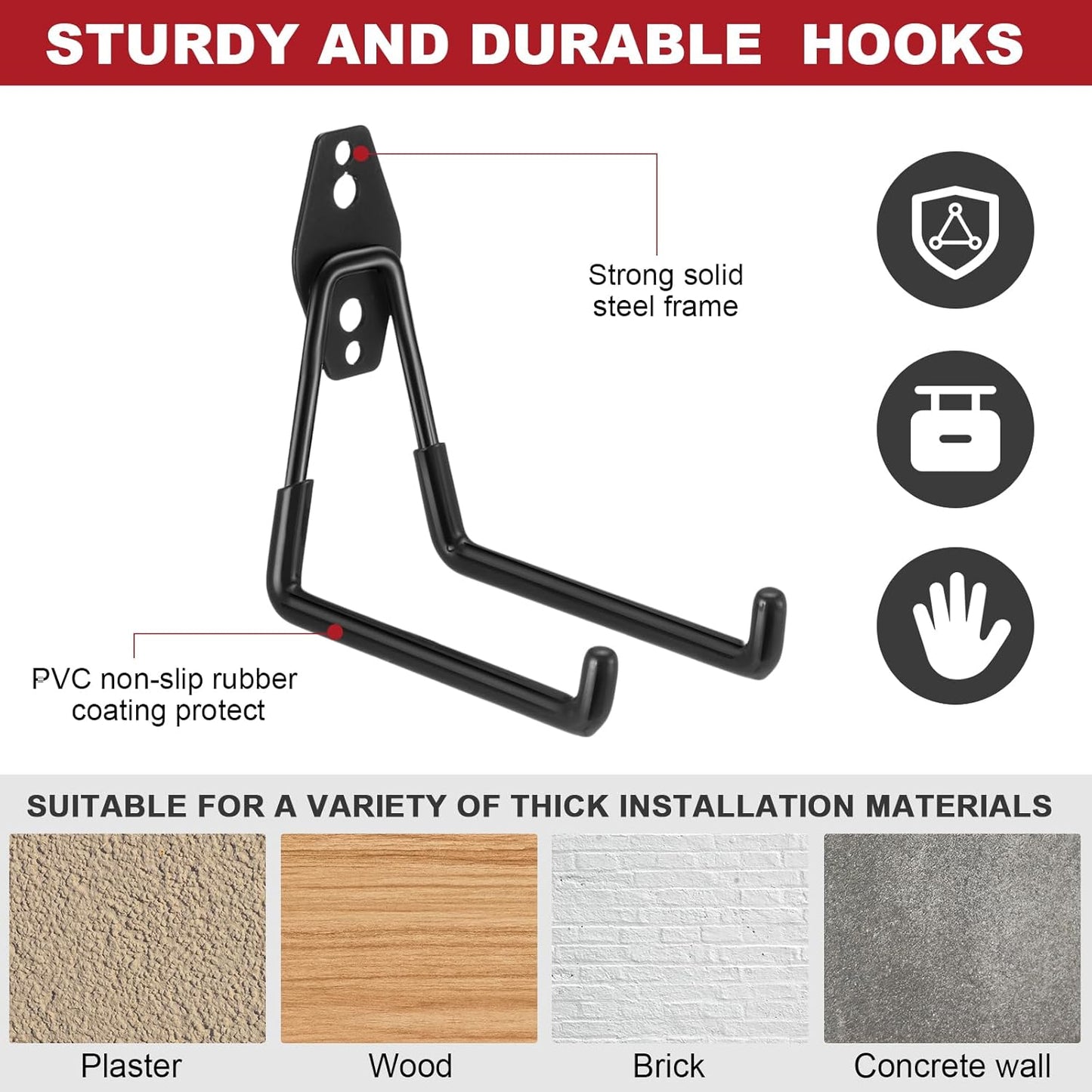 Landhoow 20 Pack Garage Hooks Set Include 12 Pcs Steel Garage Hooks Heavy Duty and 8 Pcs Extension Cord Organizers Utility Wall Mount Storage Hanger for Hanging Bike Garden Lawn Tool Ladder (Black)