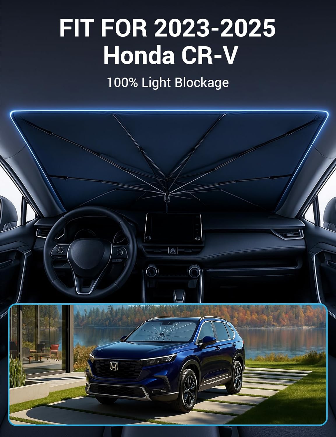 Proadsy Windshield Sun Shade Umbrella for Honda CRV CR-V 2023-2025 2026 Foldable Car Umbrella Sunshade with Soft TPU Handle Spring Structure Crystal Cooling Material Protect Car from Rays & Heat