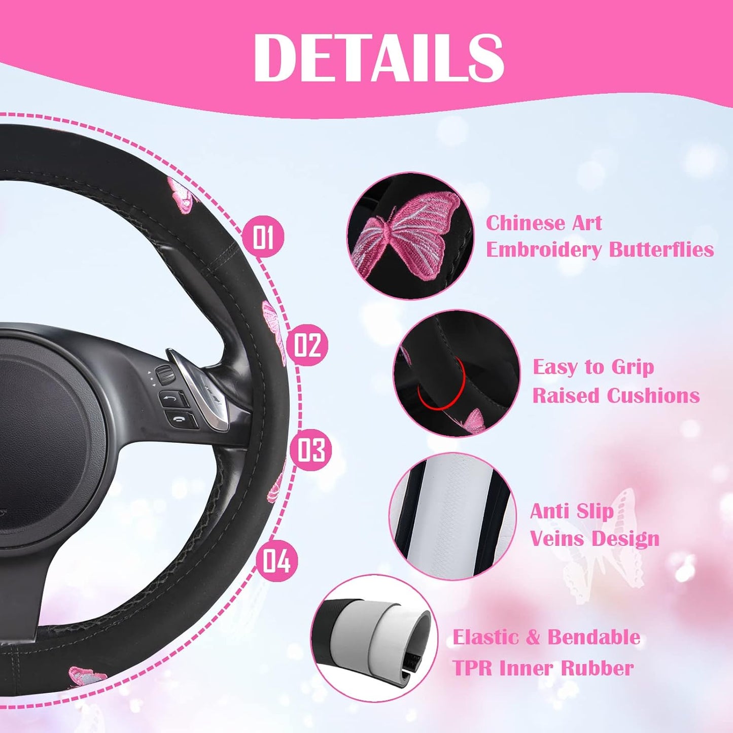 Car Pass Pink Embroidery Butterfly Steering Wheel Cover, Universal 15 Inch Car Wheel Cover for Women Girls, Fit for Suvs,Small Trucks,Sedans,Cars (Black and Pink)