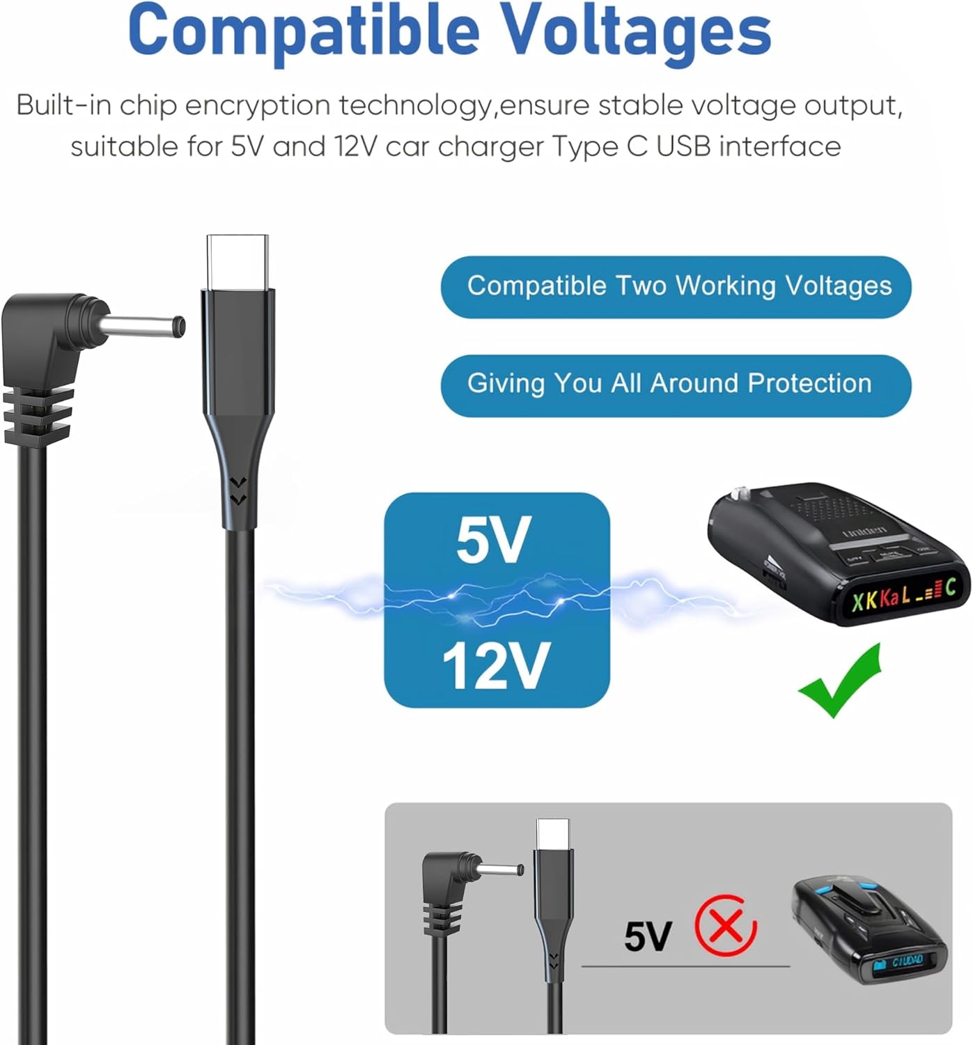 Radar Detector Cable,USB-C to DC3.5 Plug Charging Kit,with Automatic Recognition and Matching Voltage Function,for Cob'r'a RAD 380/480i XRS9370 Unide DFR1/3/5 Radenso Pro M Whistler etc Radar Detector