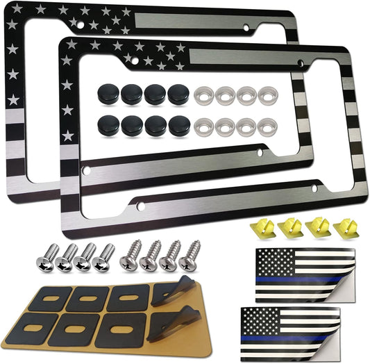 American Flag License Plate Frames - 2 Pack USA Patriotic Black Car Tag Holder, 4 Hole Brushed Aluminum Cover with Screw Caps for Vehicle Truck or SUV