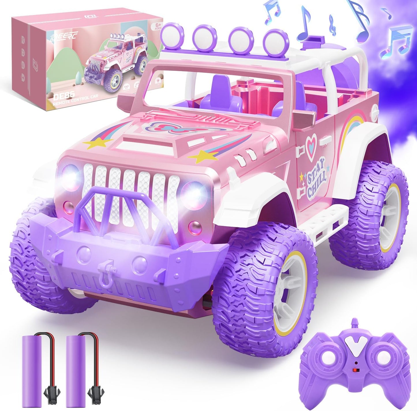 DEERC Pink Remote Control Car for Girls with Fog Mist & Music, 1:16 RC Car with LED Lights for Kids, 2.4Ghz All Terrain SUV Truck Gifts, Off-Road Racing Vehicle Toy Car, Girls Toys