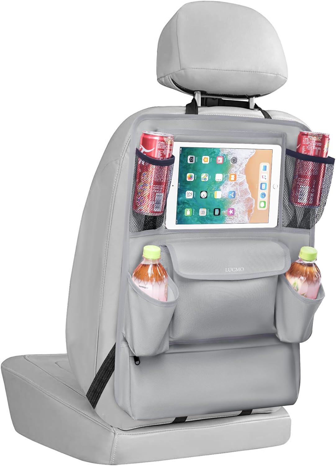 LUCMO Car Backseat Organizer with Touch Screen Tablet Holder,9 Storage Pockets Car Storage Organizer,Protectors Kick Mats Travel Accessories for Kids-Grey